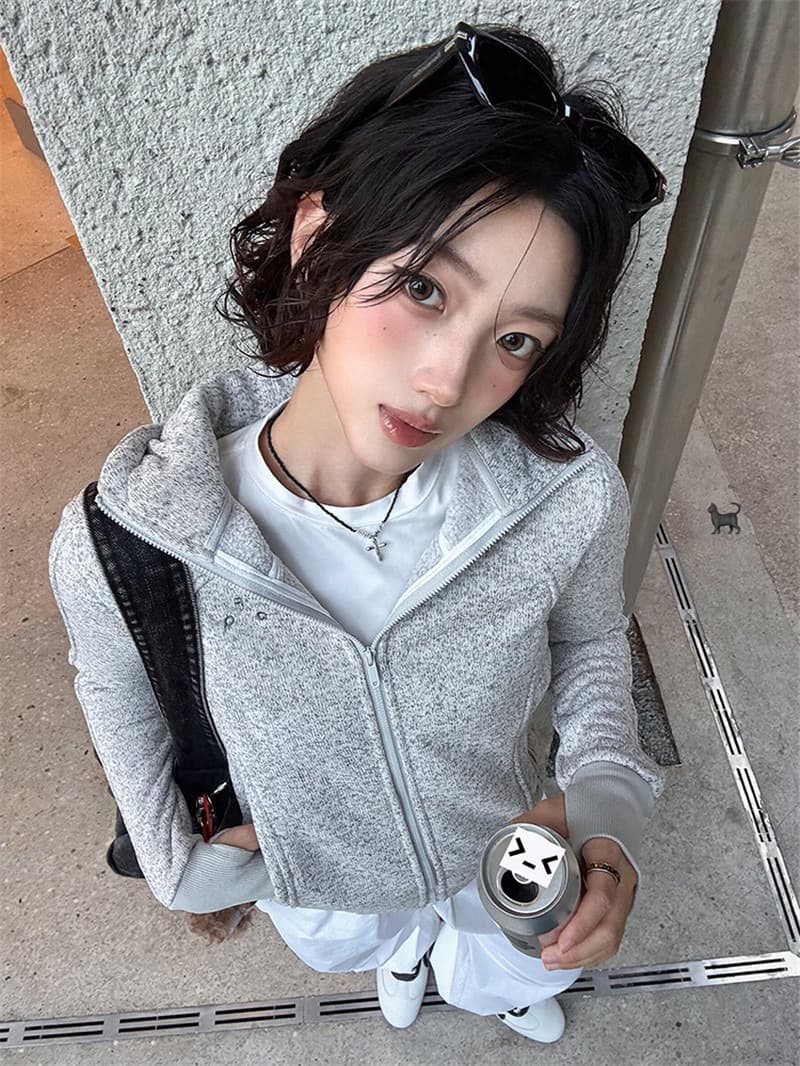 순수한 Mianhua 면 후드 티 스웨터 여성 가을 오픈 가디건 몸매 가꾸기 쇼트 스타일 재킷 맨위 털이 있는 상세 이미지 2