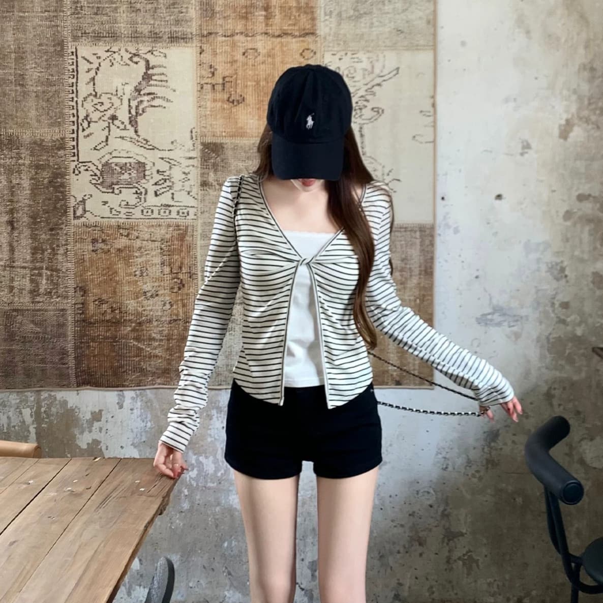 주간 실크 리브 삽입 색상 사람들 면 이른 가을 페이크 레이어드 긴팔 티셔츠 여성 몸매 가꾸기 슬림해 보이는 맨위 이미지 4