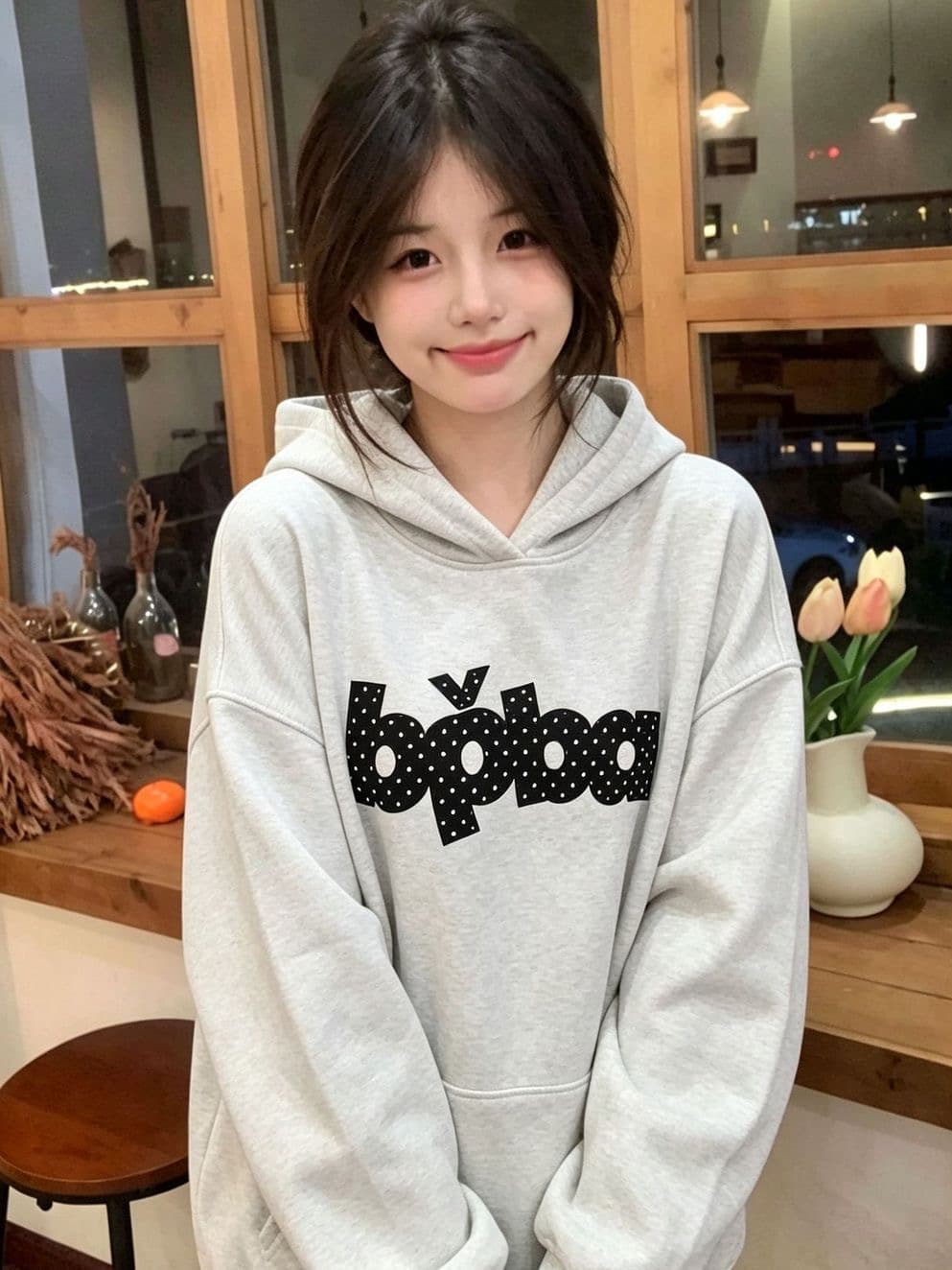 후아 면 복합 없음 모자 로프 있음 주머니 후드 티 스웨터 여성 얇은 스타일 털이 있는 상세 이미지 1