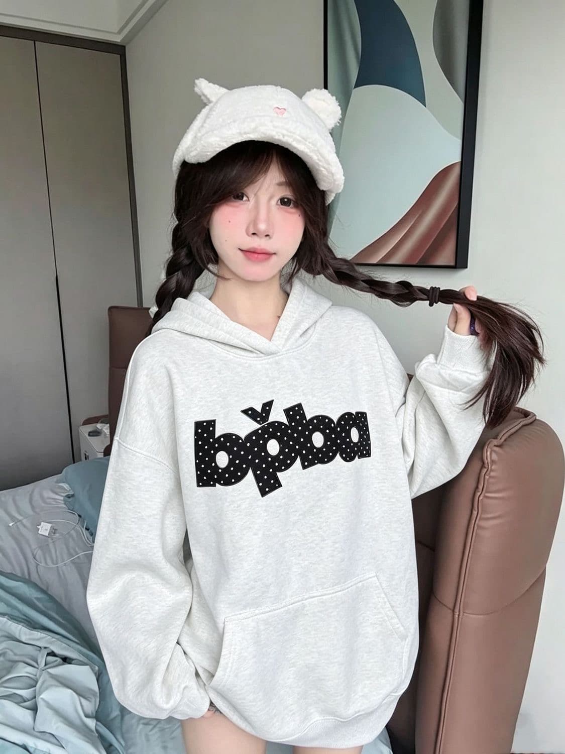 후아 면 복합 없음 모자 로프 있음 주머니 후드 티 스웨터 여성 얇은 스타일 털이 있는 상세 이미지 4