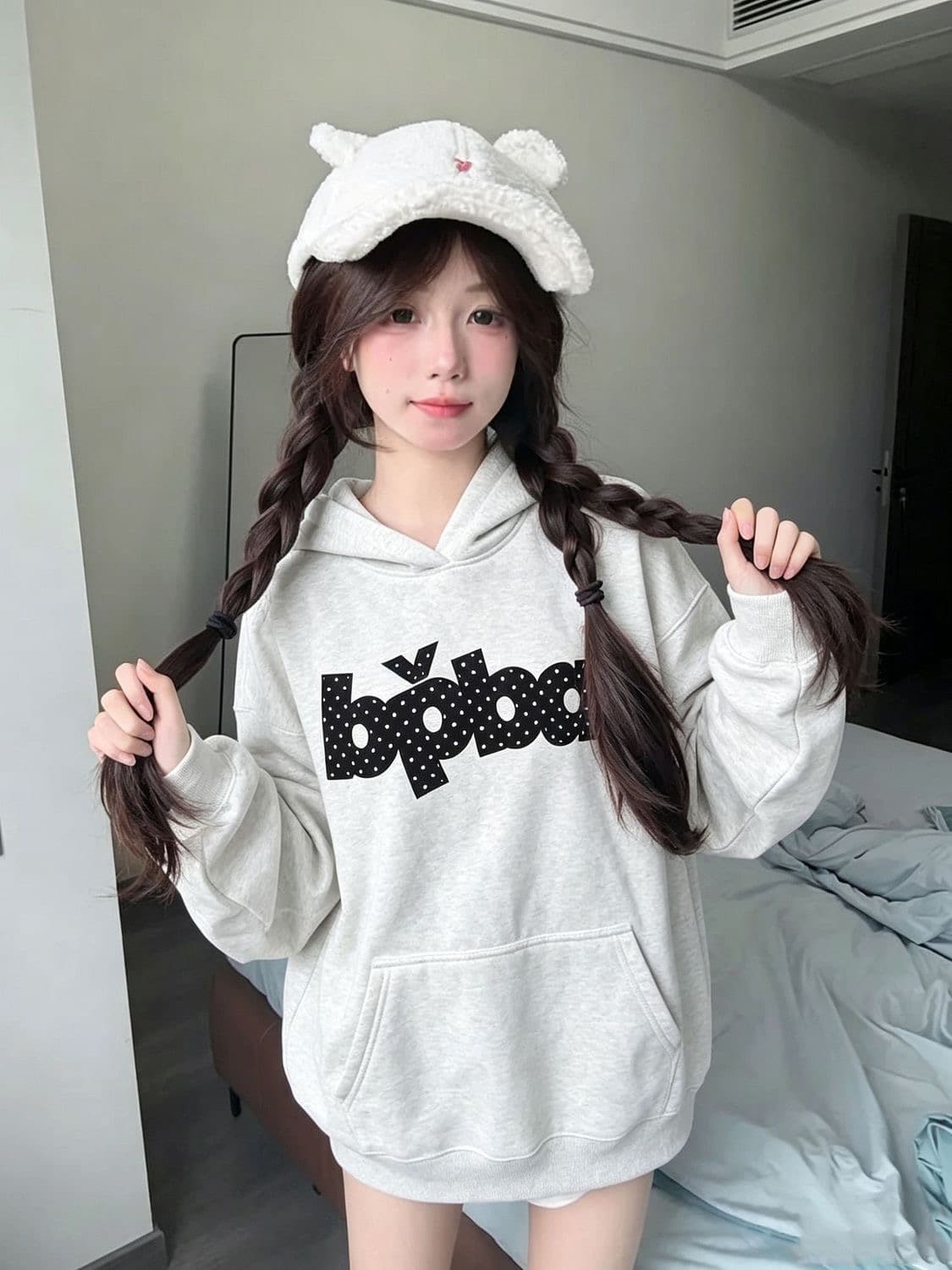 후아 면 복합 없음 모자 로프 있음 주머니 후드 티 스웨터 여성 얇은 스타일 털이 있는 상세 이미지 6
