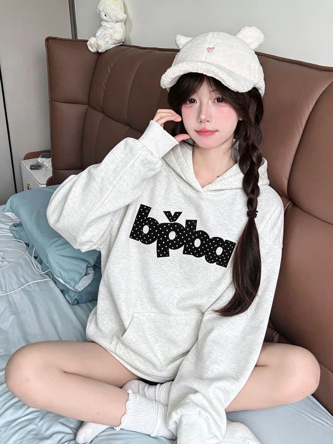 후아 면 복합 없음 모자 로프 있음 주머니 후드 티 스웨터 여성 얇은 스타일 털이 있는 상세 이미지 8