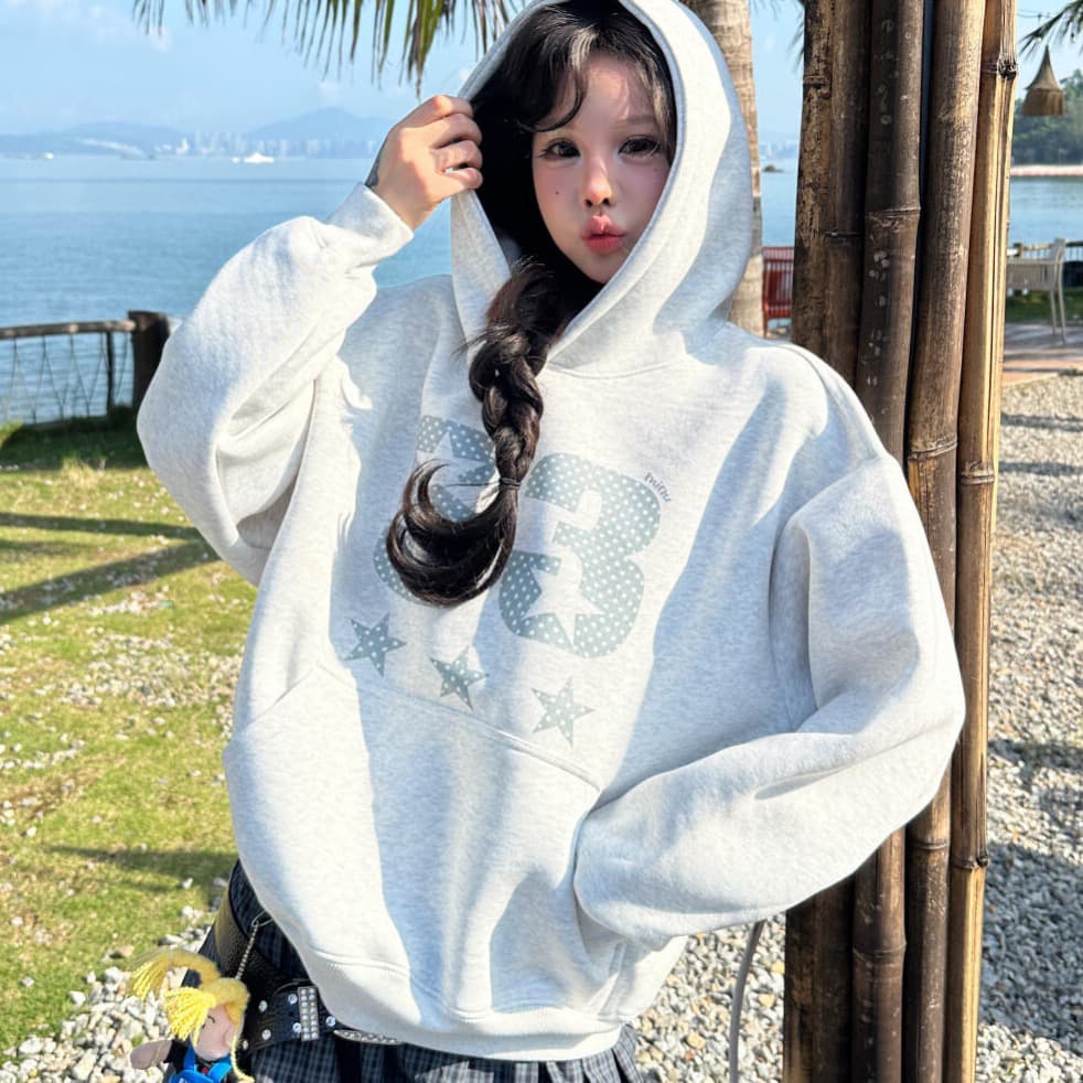 무거운 후아 면 은 여우 플러시 이중층 모자 별 알파벳 프린트 후드 티 스웨터 상세 이미지 2