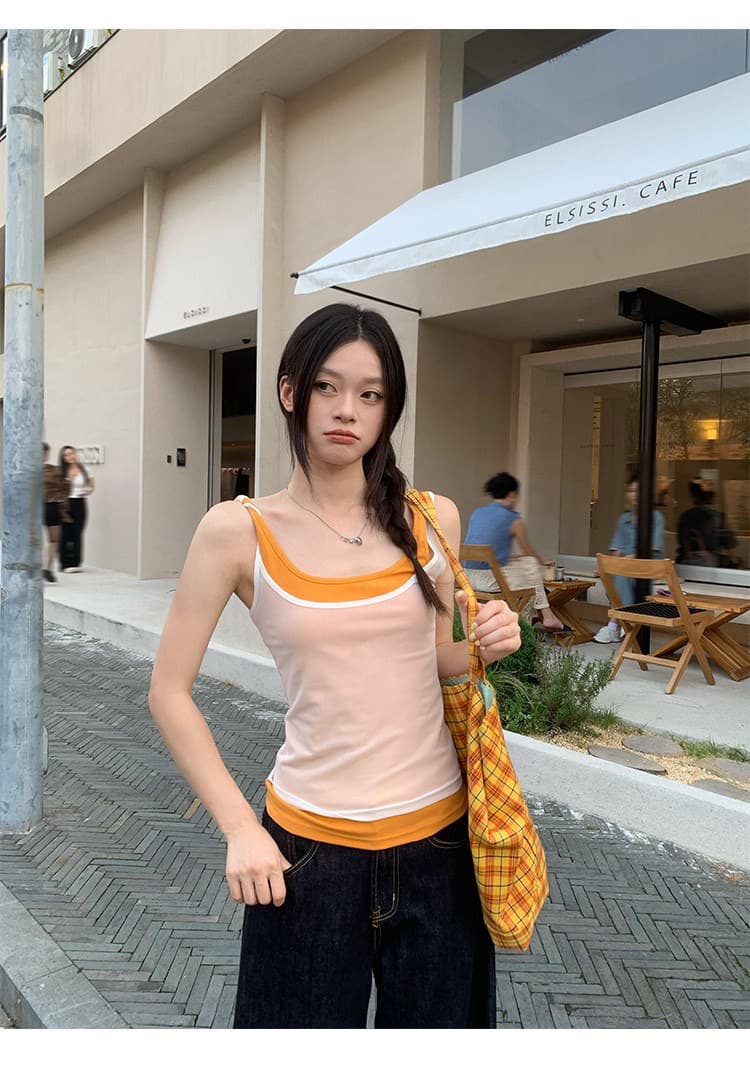 260 그램 사람들 면 모달 배색 가짜 패치워크 두 조각 캐미솔 몸매 가꾸기 민소매 맨위 상세 이미지 3