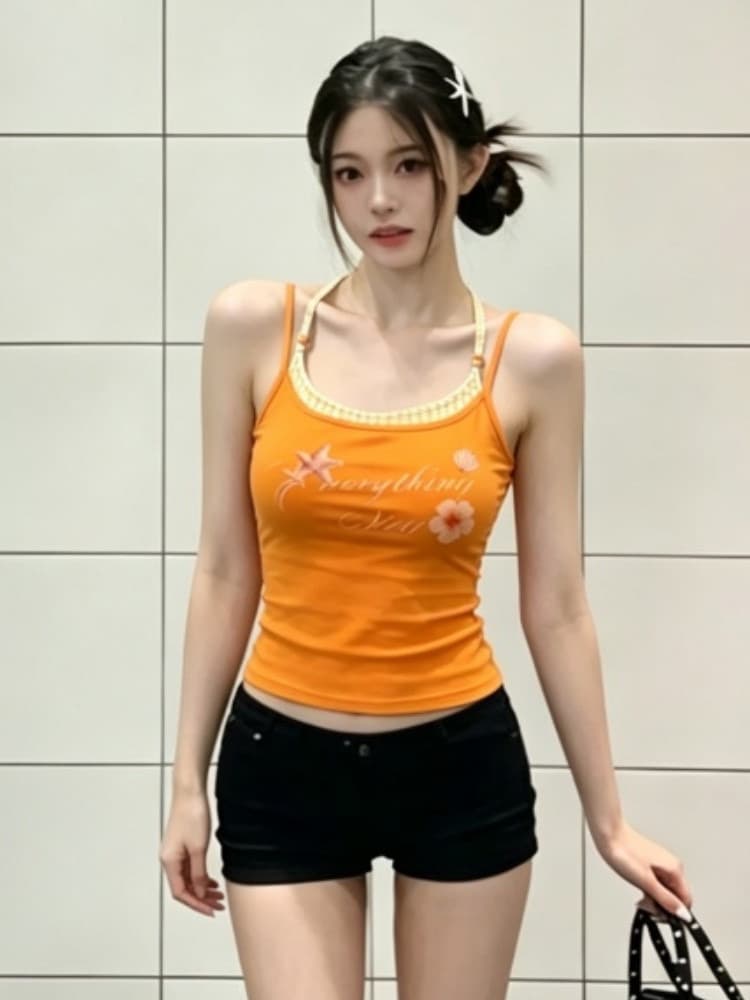 260 그램 사람들 면 모달 페이크 레이어드 프린트 캐미솔 레이스업 행침 목 인사이드 잡아라. 의류 상세 이미지 3