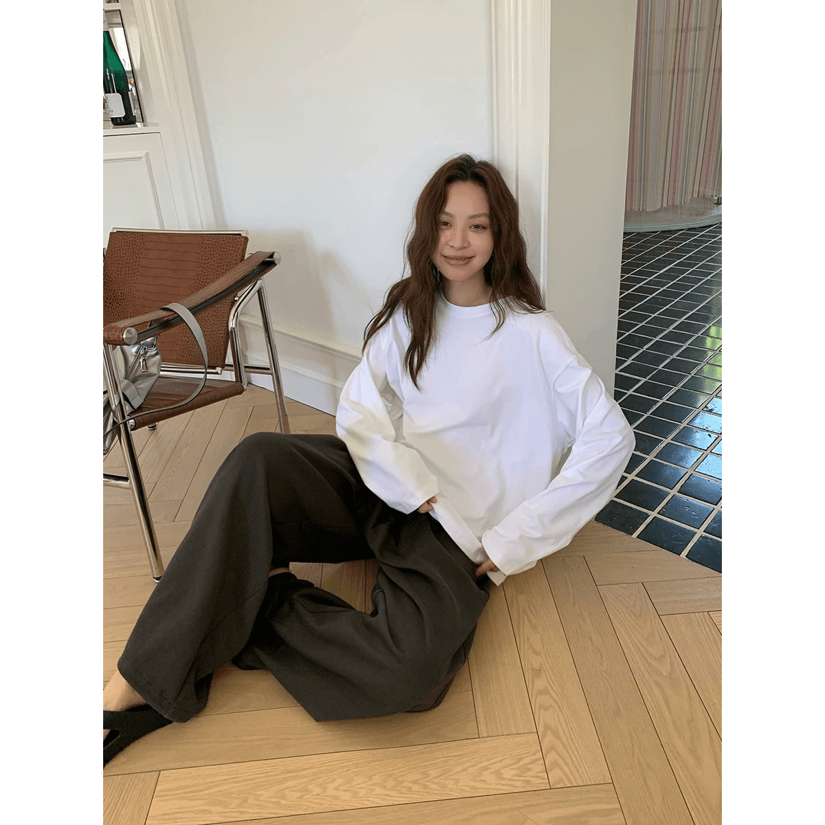 한 부서 순면 라운드 넥 긴팔 티셔츠 여성 가을 루즈핏 단색 맨위 이미지 5