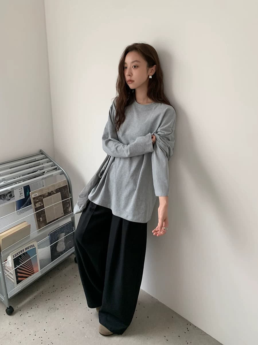 한 부서 순면 라운드 넥 긴팔 티셔츠 여성 가을 루즈핏 단색 맨위 상세 이미지 3