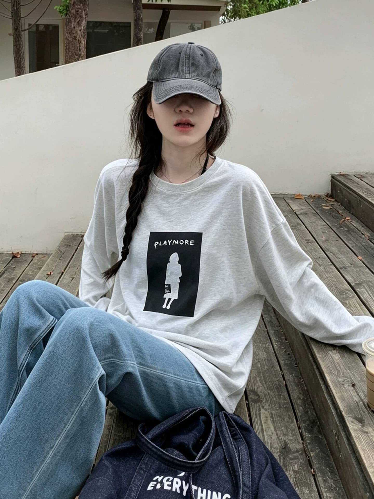 한 부서 레트로 실루엣 패턴 프린트 긴팔 티셔츠 여성 여름 라운드 넥 편안함 다용도 밝은색 맨위 이미지 2