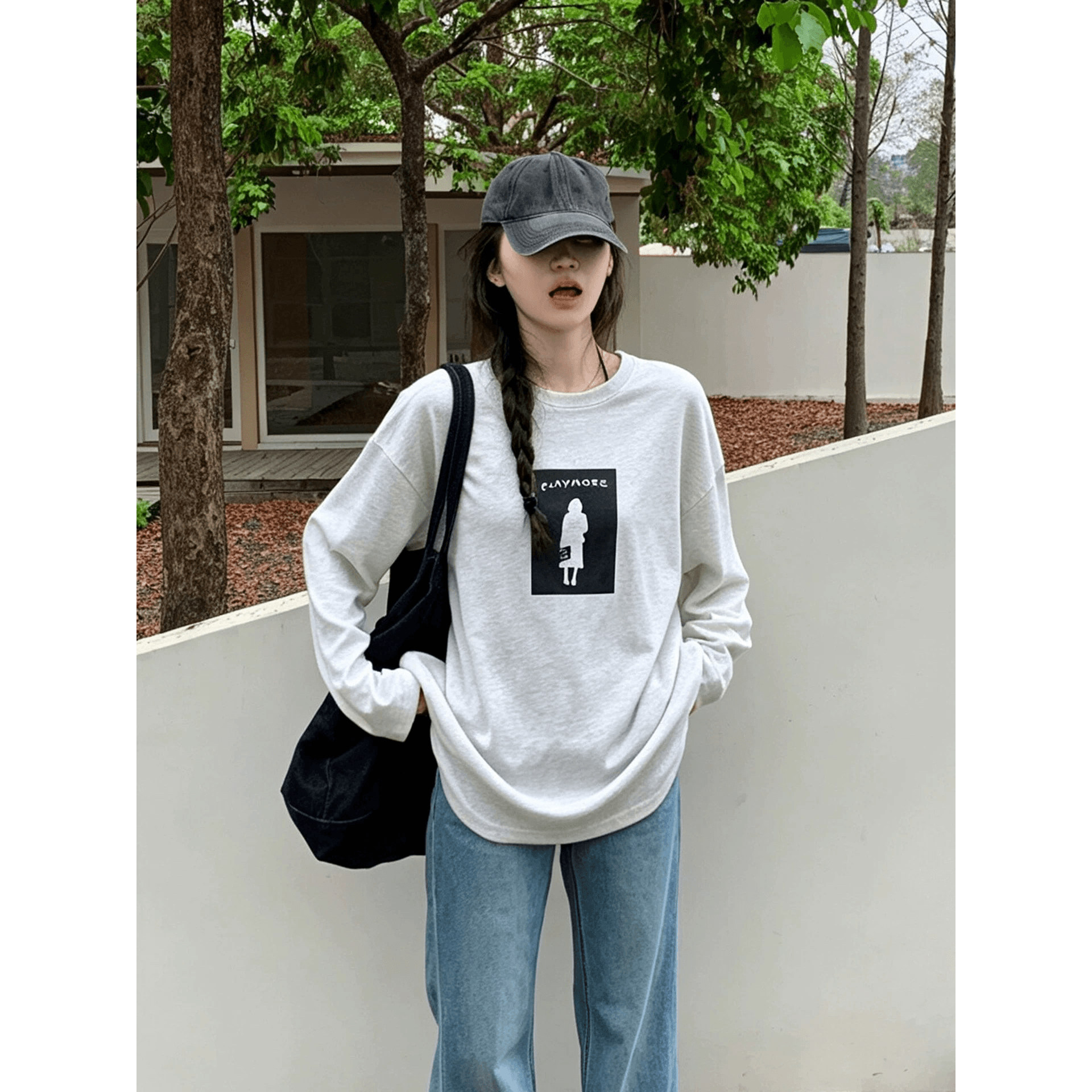 한 부서 레트로 실루엣 패턴 프린트 긴팔 티셔츠 여성 여름 라운드 넥 편안함 다용도 밝은색 맨위 이미지 5