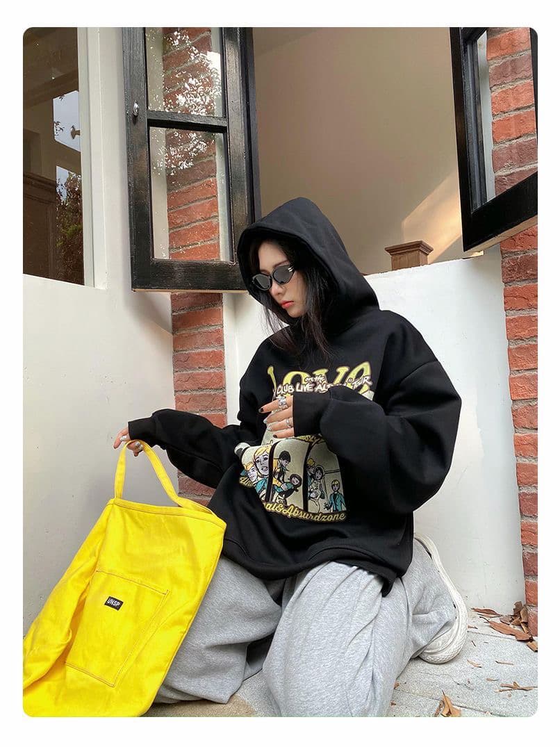 가을과 겨울 아메리칸 만화 프린트 후드 티 스웨터 여성 가을 겨울 털이 있고 두꺼운 루즈핏 작은 대중 커플 모자 셔츠 트렌디 상세 이미지 3
