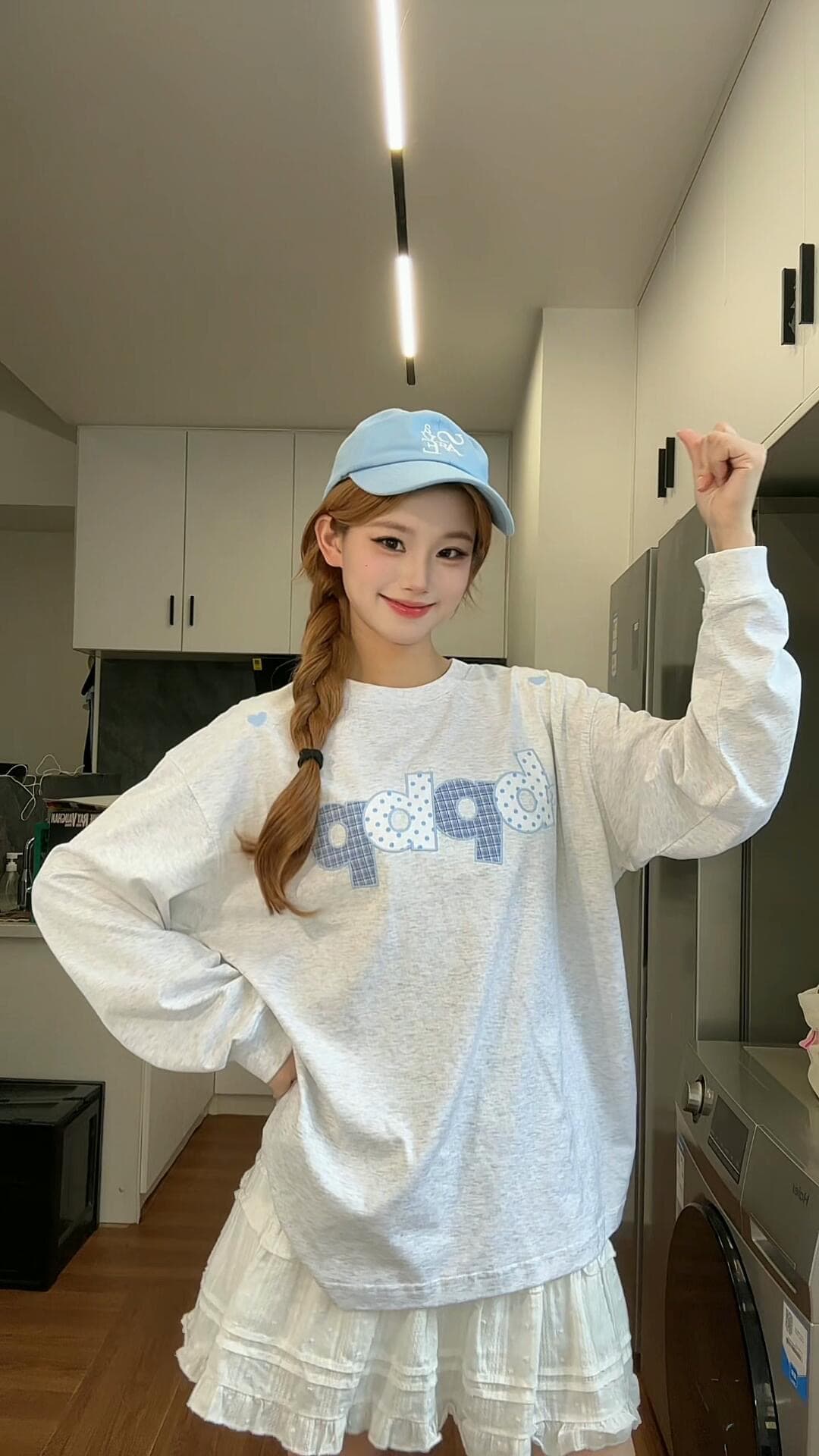 원본 것 순면 200그램 21 음식 털 느낌 프린트 루즈핏 만나는 손 소매 뭉치 구두 긴팔 티셔츠
