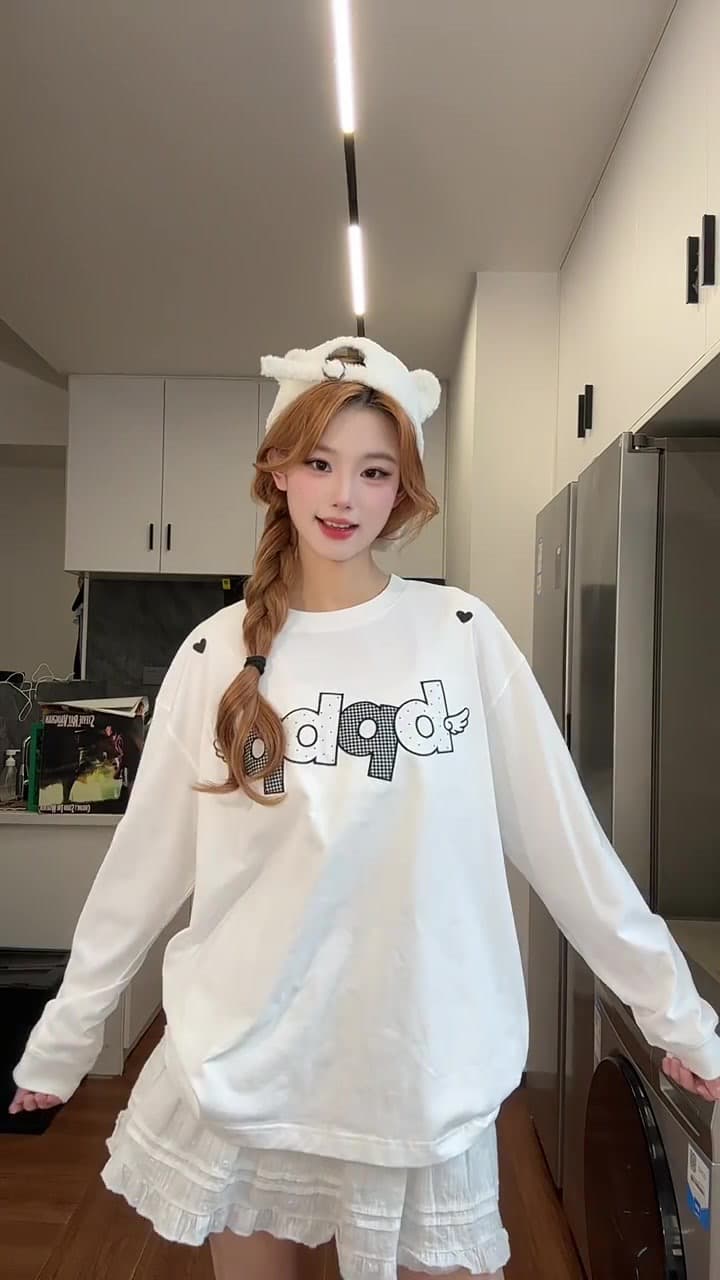 원본 것 순면 200그램 21 음식 털 느낌 프린트 루즈핏 만나는 손 소매 뭉치 구두 긴팔 티셔츠 이미지 2