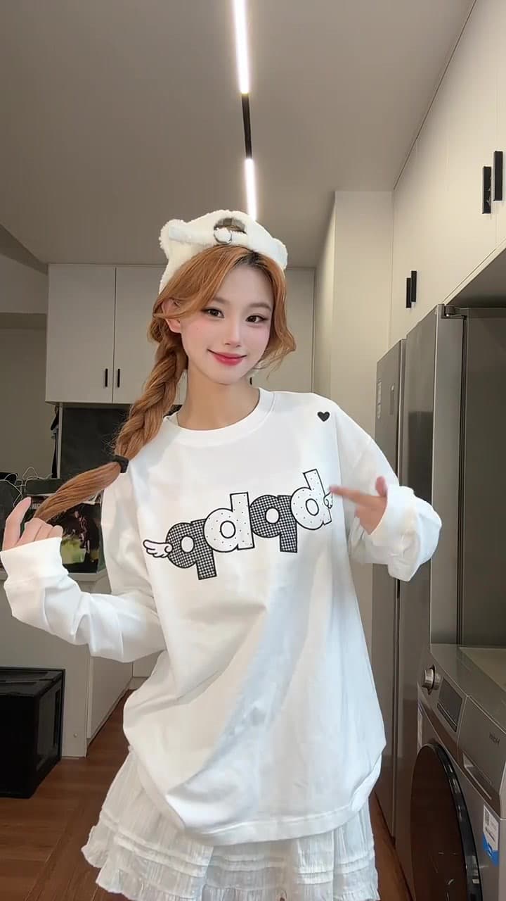 원본 것 순면 200그램 21 음식 털 느낌 프린트 루즈핏 만나는 손 소매 뭉치 구두 긴팔 티셔츠 이미지 3