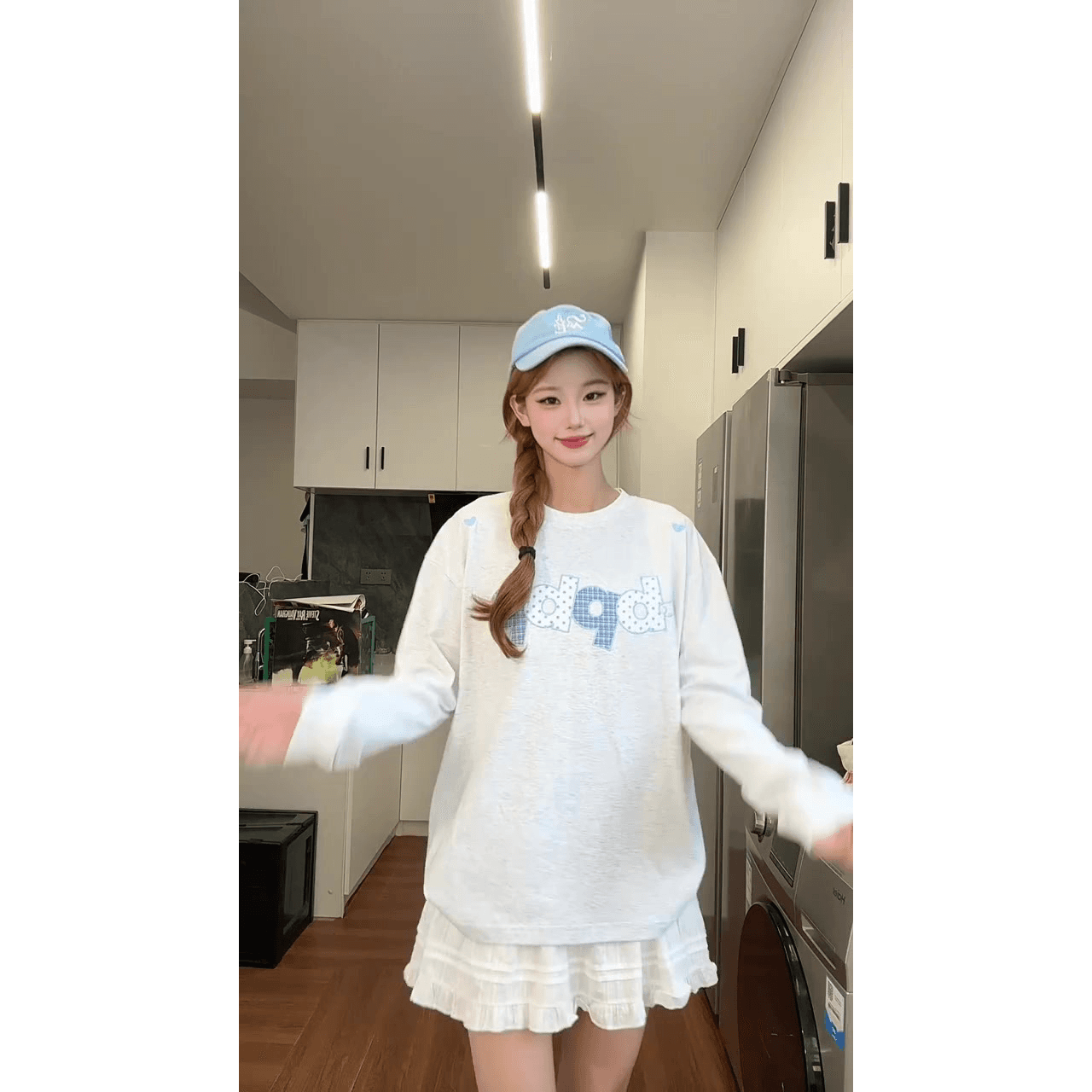 원본 것 순면 200그램 21 음식 털 느낌 프린트 루즈핏 만나는 손 소매 뭉치 구두 긴팔 티셔츠 이미지 5