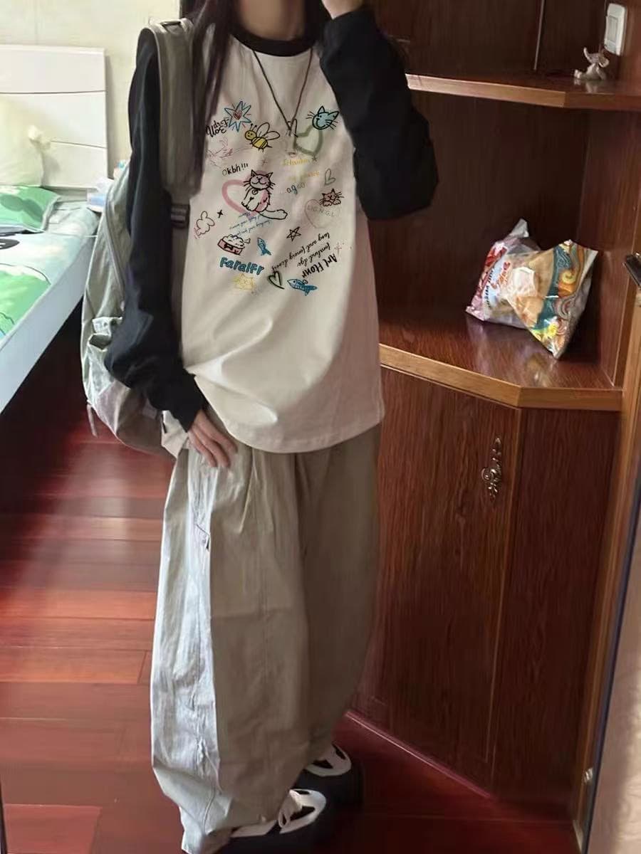 높은 품질 순면 200그램 21 빗질하다 정밀 프린트 가을 패치워크 색상 긴팔 티셔츠 여성 상세 이미지 3
