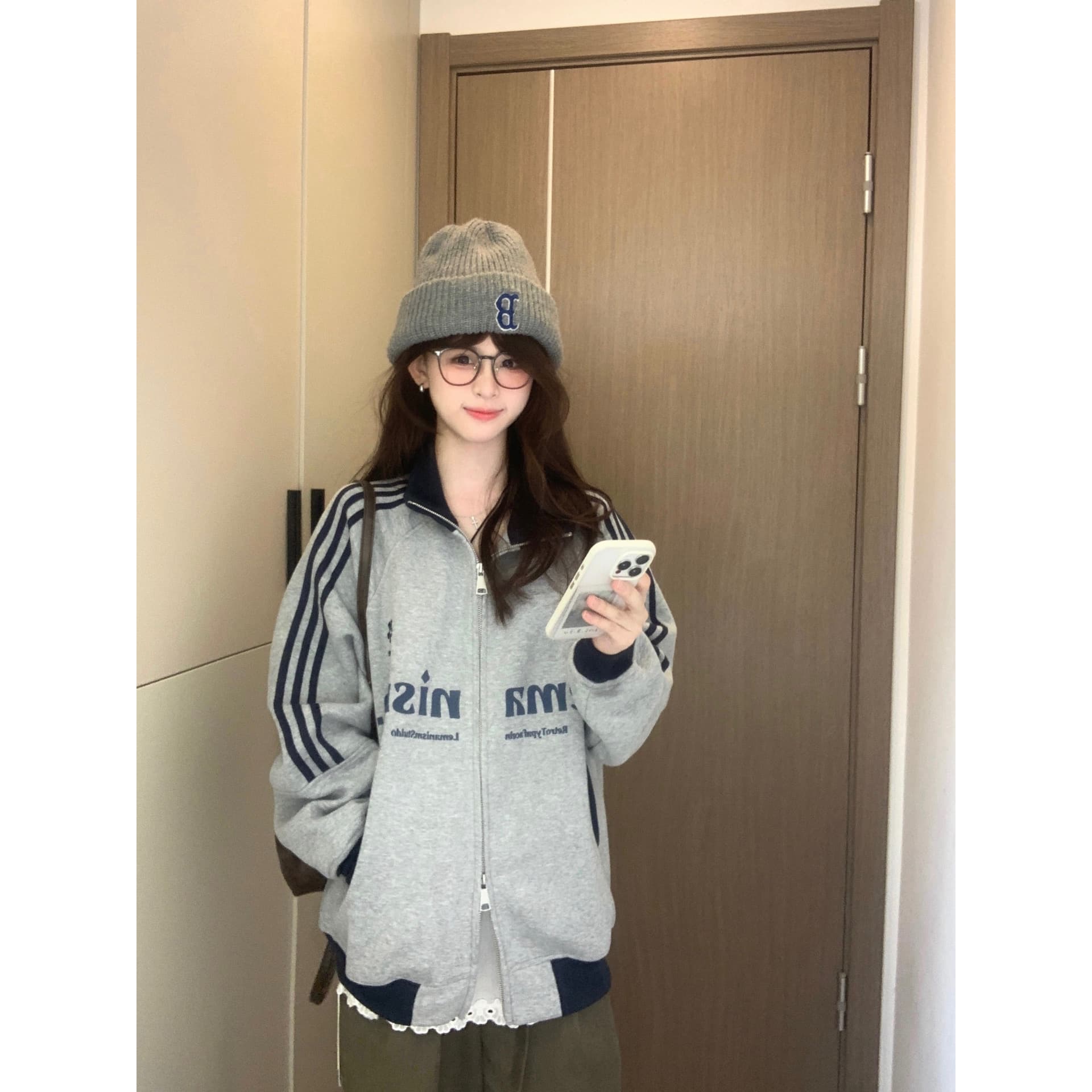 압력 라인 백금 지퍼 순수한 Mianhua 면 복합 후드티 지퍼 재킷 남녀 이미지 5