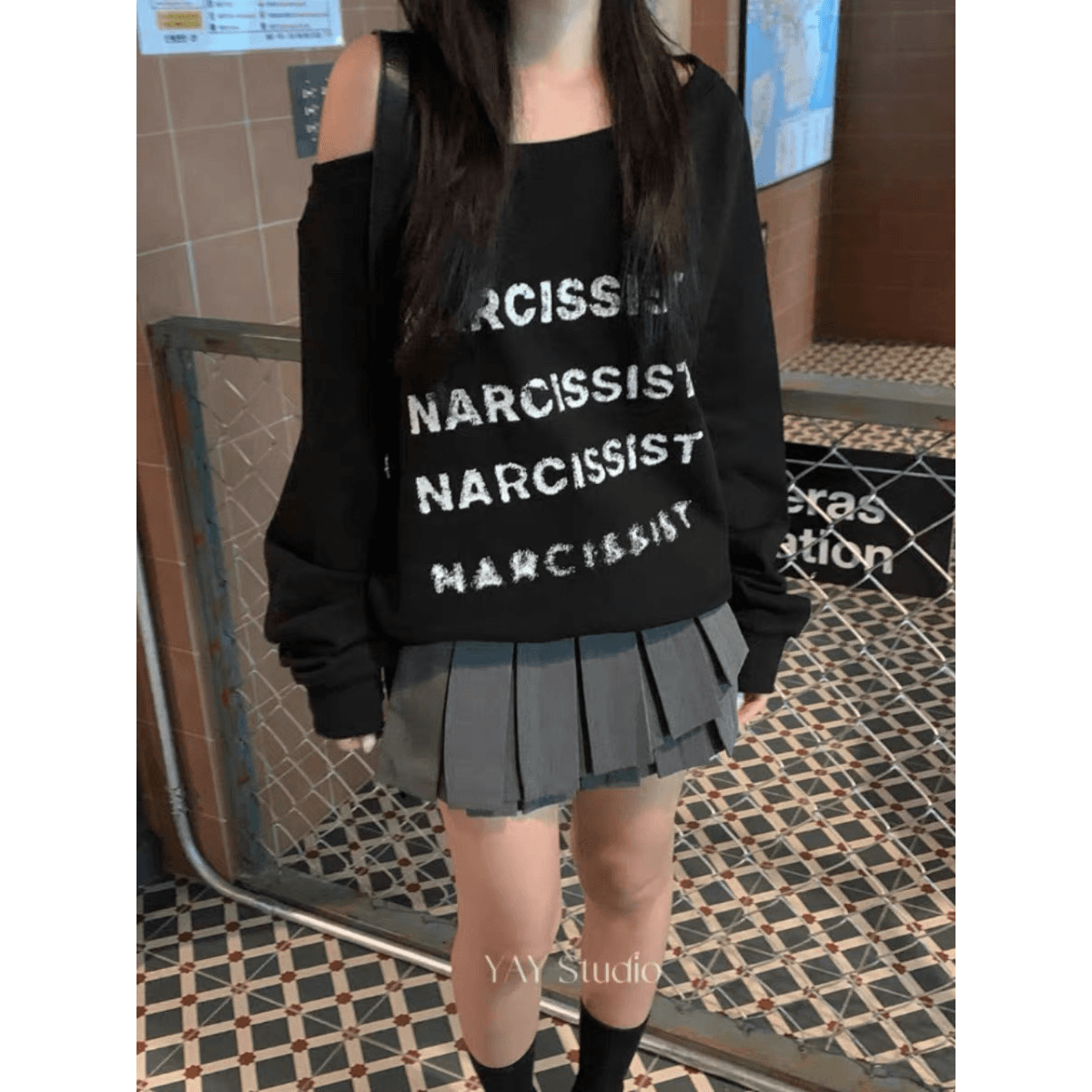 아메리칸 레트로 비스듬한 어깨 디자인 센스 긴팔 후드티 여성 봄 새로운 프린트 루즈핏 맨위 이미지 5