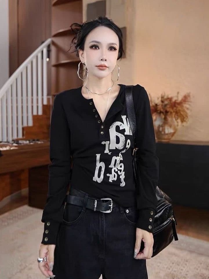 아메리칸 거리 느슨함 느긋한 바람 알파벳 프린트 긴팔 칼라 기본 셔츠 여성 새로운 디자인 센스 달콤한 차가운 맨위 이미지 4