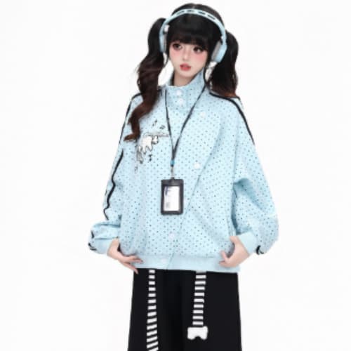 순수한 Mianhua 면 얇은 스타일 한 부서 바람 가을 새로운 비스듬한 버클 다용도 루즈핏 도트 무늬 스트라이프 후드티 재킷
