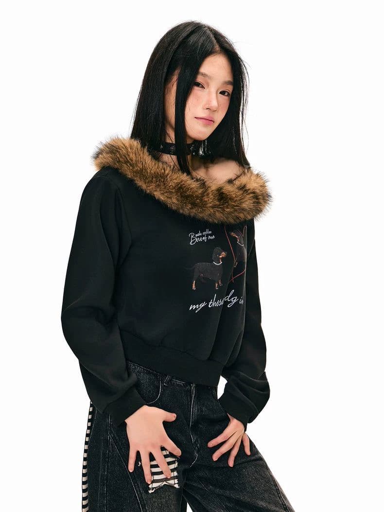 아메리칸 핫걸 강아지 프린트 비스듬한 칼라 오프숄더 후드티 여성 가을 새로운 디자인 센스 털 모피 칼라 쇼트 스타일 맨위 트렌디 이미지 3