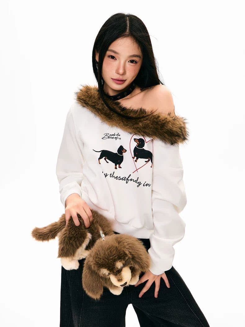 아메리칸 핫걸 강아지 프린트 비스듬한 칼라 오프숄더 후드티 여성 가을 새로운 디자인 센스 털 모피 칼라 쇼트 스타일 맨위 트렌디 상세 이미지 4