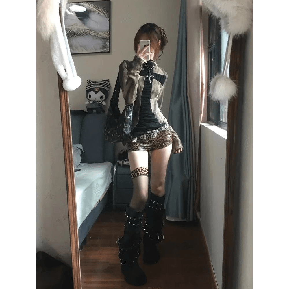아메리칸 레트로 핫걸 십자가 패치워크 긴팔 티셔츠 여성 가을 디자인 센스 몸매 가꾸기 터틀넥 기본 셔츠 맨위 이미지 5