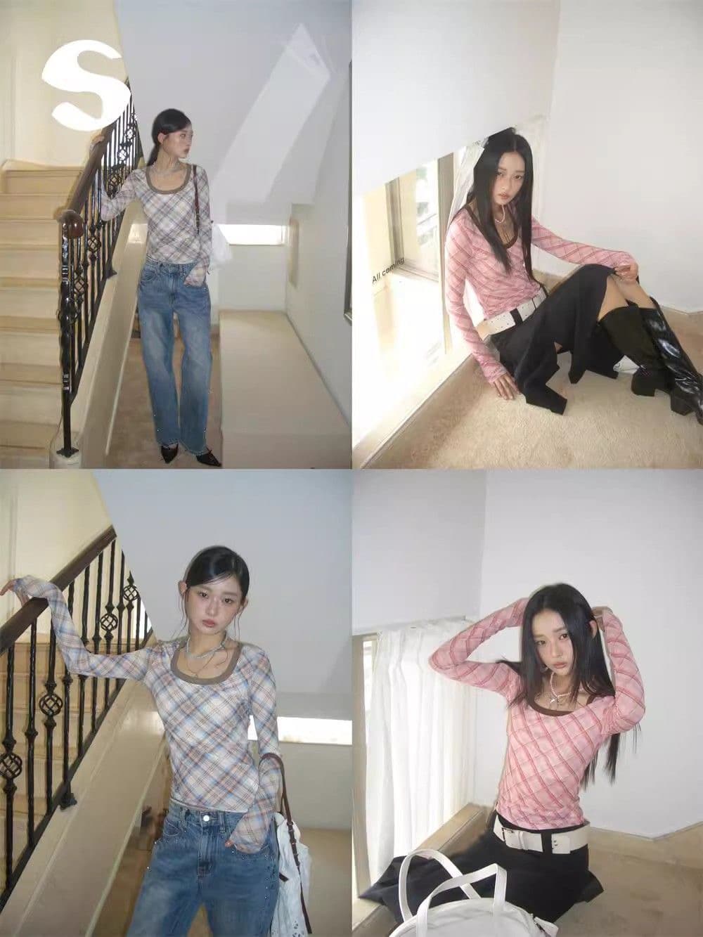 한 부서 착용 가져 가라. 체크무늬 몸매 가꾸기 핑크색 맨위 긴팔 티셔츠 여성 봄 가을 디자인 센스 슬림해 보이는 인사이드 가져 가라. 기본 셔츠 이미지 2