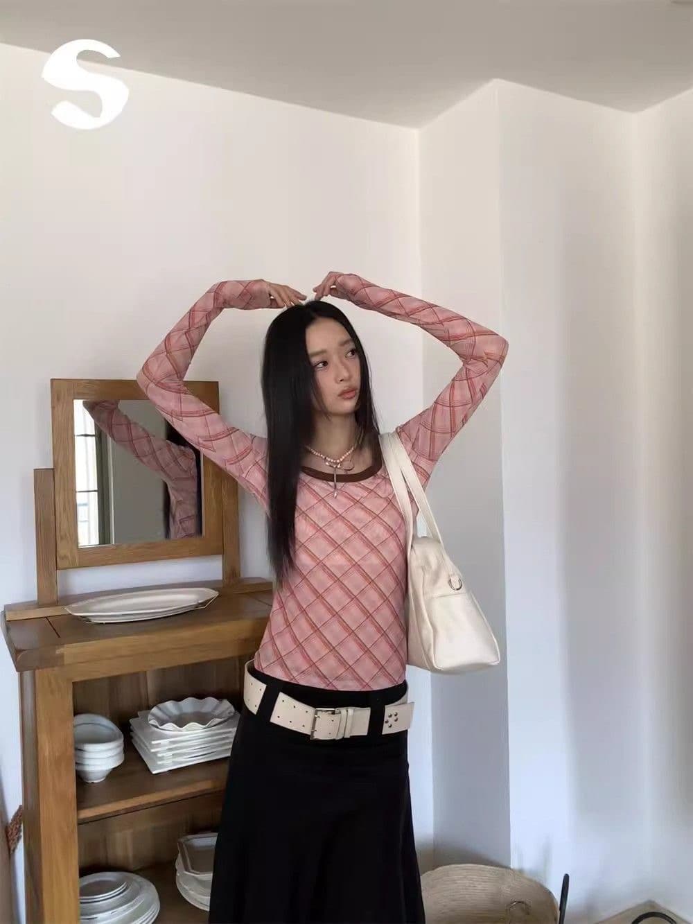 한 부서 착용 가져 가라. 체크무늬 몸매 가꾸기 핑크색 맨위 긴팔 티셔츠 여성 봄 가을 디자인 센스 슬림해 보이는 인사이드 가져 가라. 기본 셔츠 상세 이미지 4