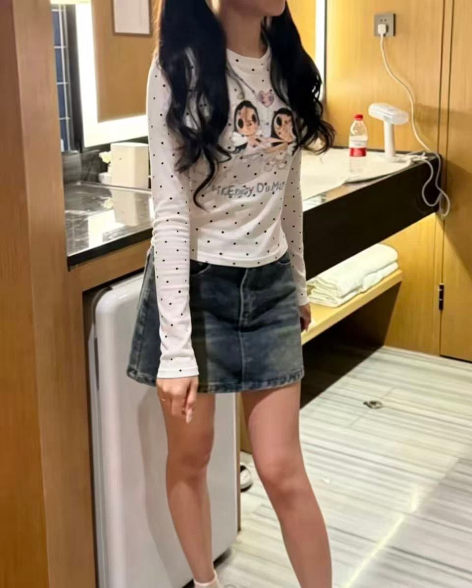 220 그램 40 빗질하다 92 면 이후 패키지 칼라 프린트 도트 무늬 긴팔 티셔츠 여성 몸매 가꾸기 라운드 넥 맨위 이미지 3