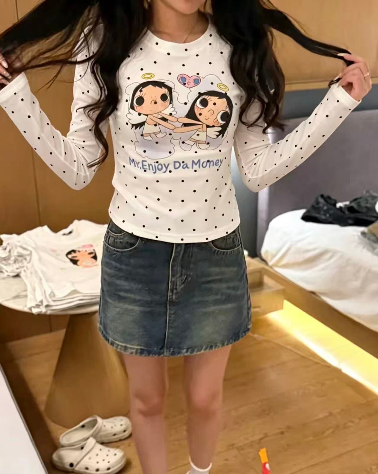 220 그램 40 빗질하다 92 면 이후 패키지 칼라 프린트 도트 무늬 긴팔 티셔츠 여성 몸매 가꾸기 라운드 넥 맨위 상세 이미지 1