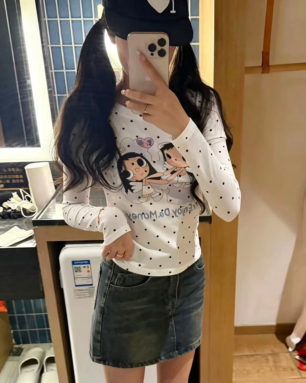 220 그램 40 빗질하다 92 면 이후 패키지 칼라 프린트 도트 무늬 긴팔 티셔츠 여성 몸매 가꾸기 라운드 넥 맨위 상세 이미지 5