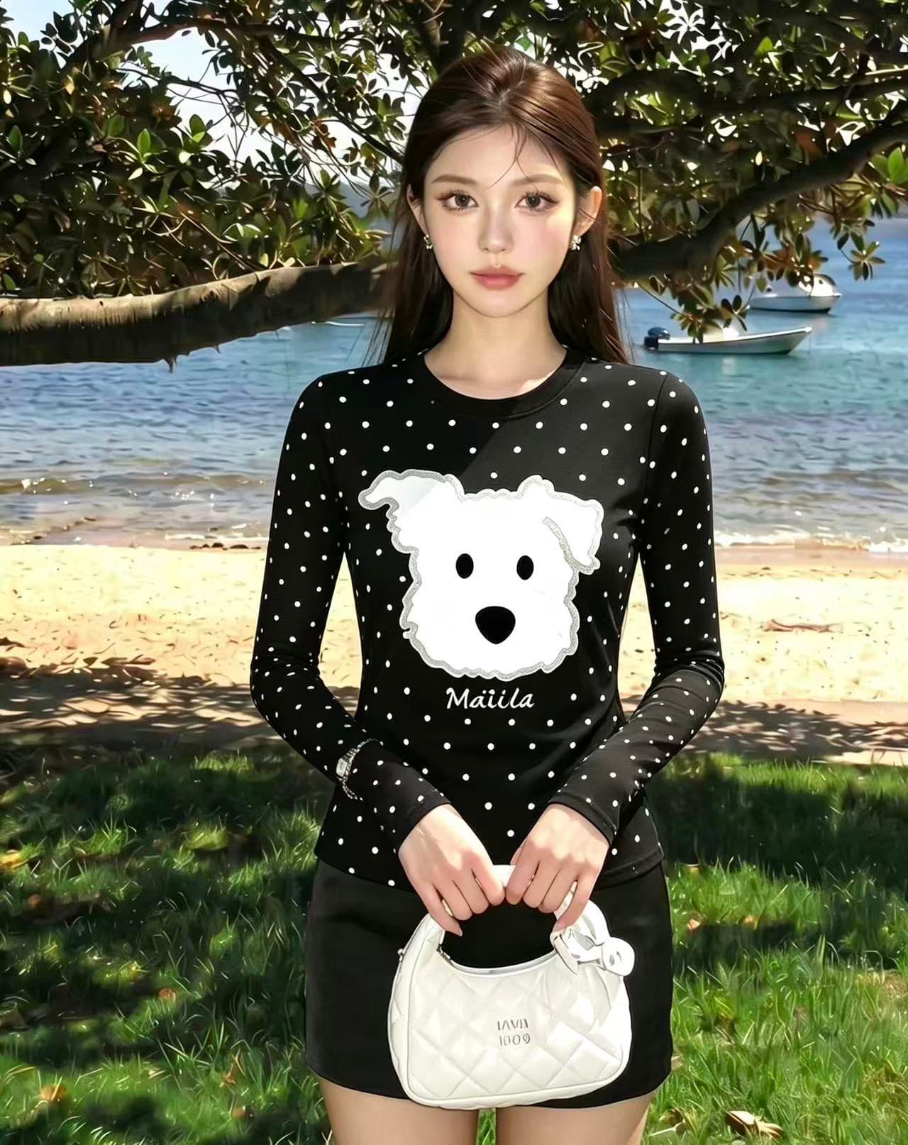 220 그램 40 빗질하다 92 면 이후 패키지 칼라 프린트 도트 무늬 긴팔 티셔츠 여성 몸매 가꾸기 라운드 넥 맨위 이미지 3