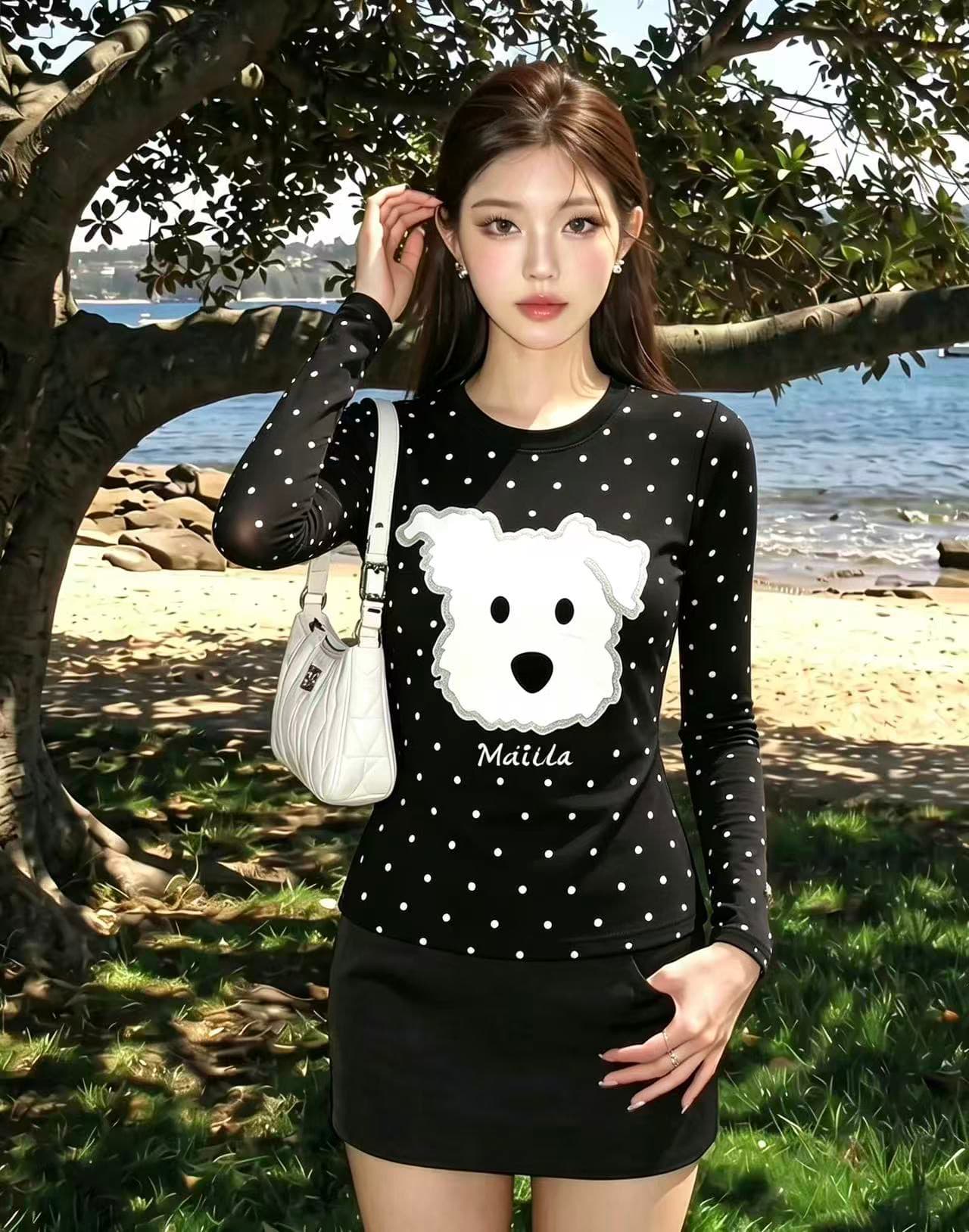 220 그램 40 빗질하다 92 면 이후 패키지 칼라 프린트 도트 무늬 긴팔 티셔츠 여성 몸매 가꾸기 라운드 넥 맨위 상세 이미지 2