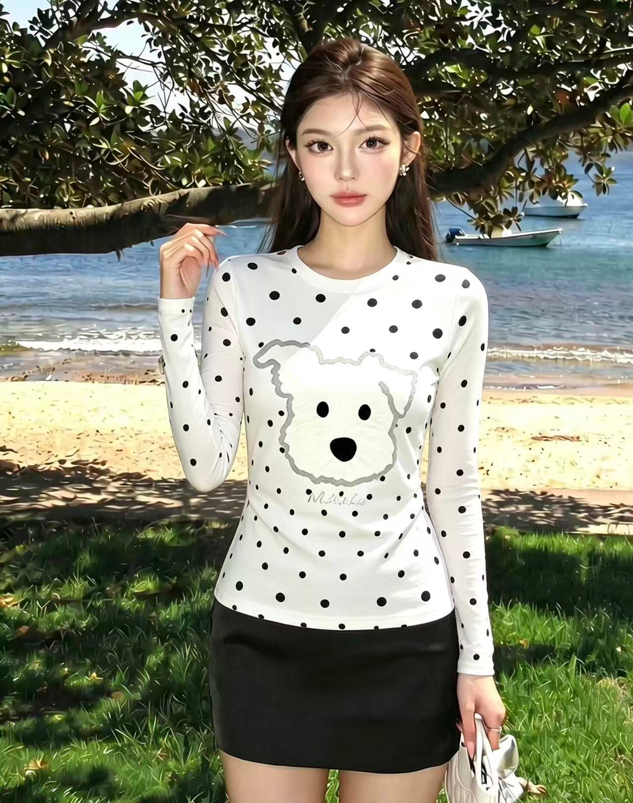220 그램 40 빗질하다 92 면 이후 패키지 칼라 프린트 도트 무늬 긴팔 티셔츠 여성 몸매 가꾸기 라운드 넥 맨위 상세 이미지 3