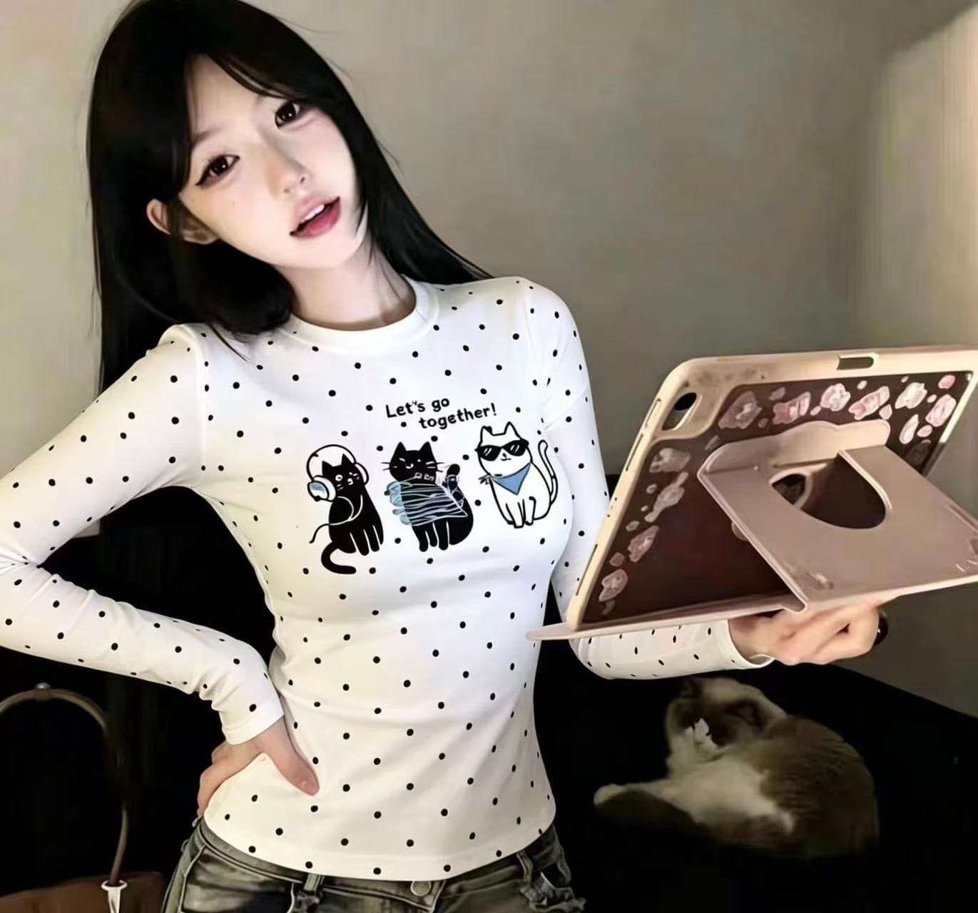 220 그램 40 빗질하다 92 면 이후 패키지 칼라 프린트 도트 무늬 긴팔 티셔츠 여성 몸매 가꾸기 라운드 넥 맨위 이미지 2