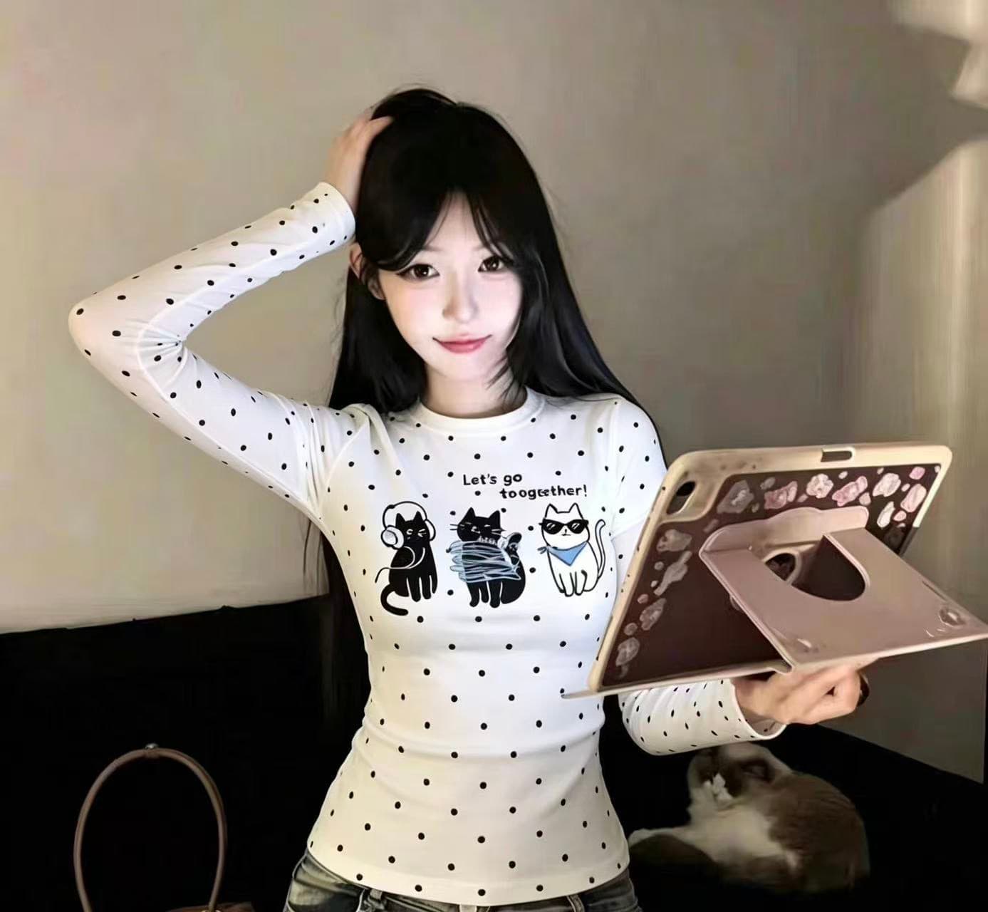 220 그램 40 빗질하다 92 면 이후 패키지 칼라 프린트 도트 무늬 긴팔 티셔츠 여성 몸매 가꾸기 라운드 넥 맨위 상세 이미지 3