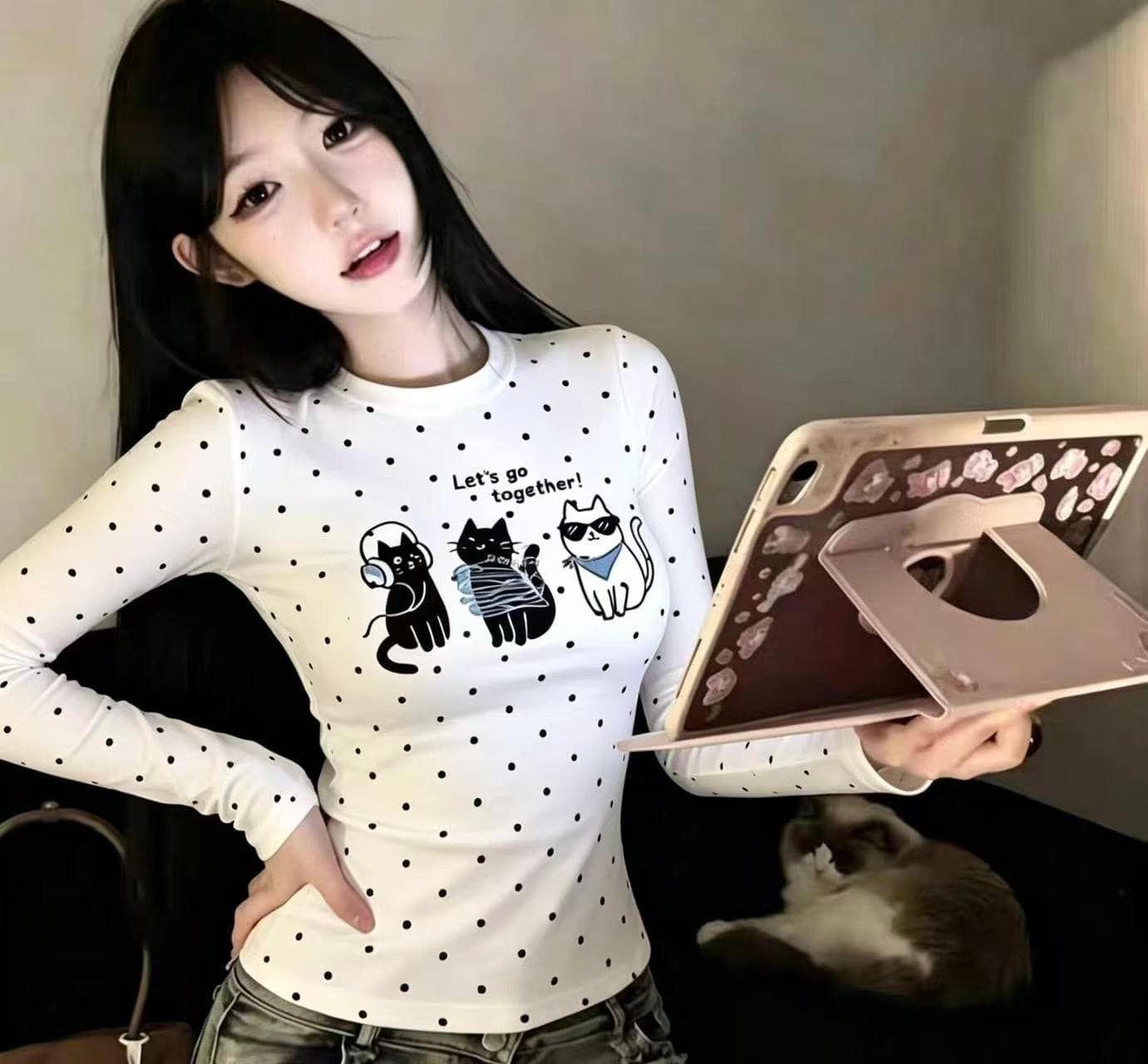 220 그램 40 빗질하다 92 면 이후 패키지 칼라 프린트 도트 무늬 긴팔 티셔츠 여성 몸매 가꾸기 라운드 넥 맨위 상세 이미지 4