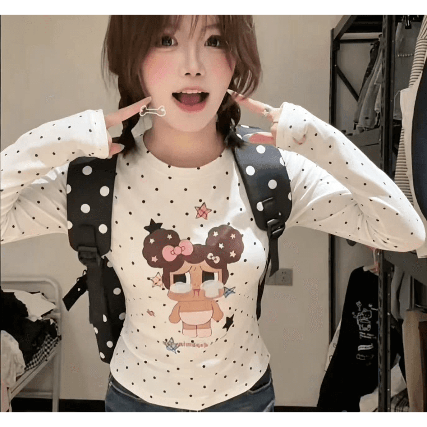 220 그램 40 빗질하다 92 면 이후 패키지 칼라 프린트 도트 무늬 긴팔 티셔츠 여성 몸매 가꾸기 라운드 넥 맨위 이미지 5