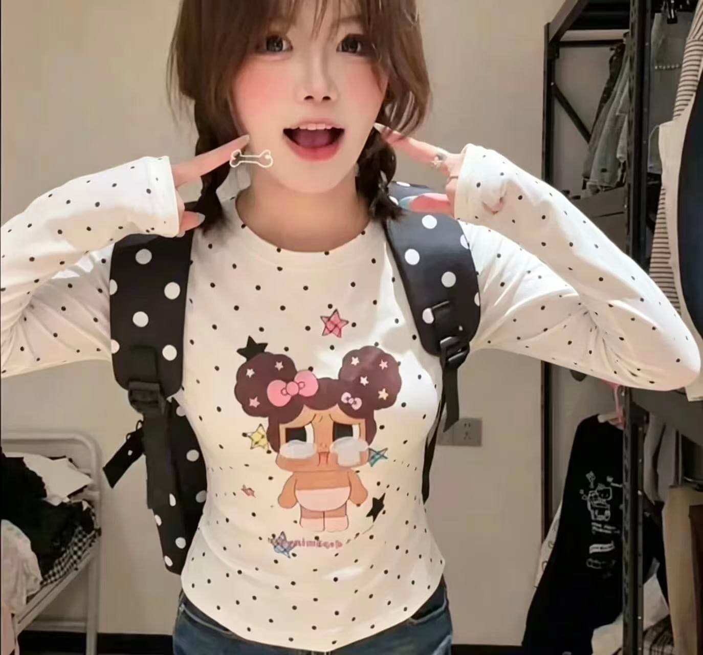 220 그램 40 빗질하다 92 면 이후 패키지 칼라 프린트 도트 무늬 긴팔 티셔츠 여성 몸매 가꾸기 라운드 넥 맨위 상세 이미지 5