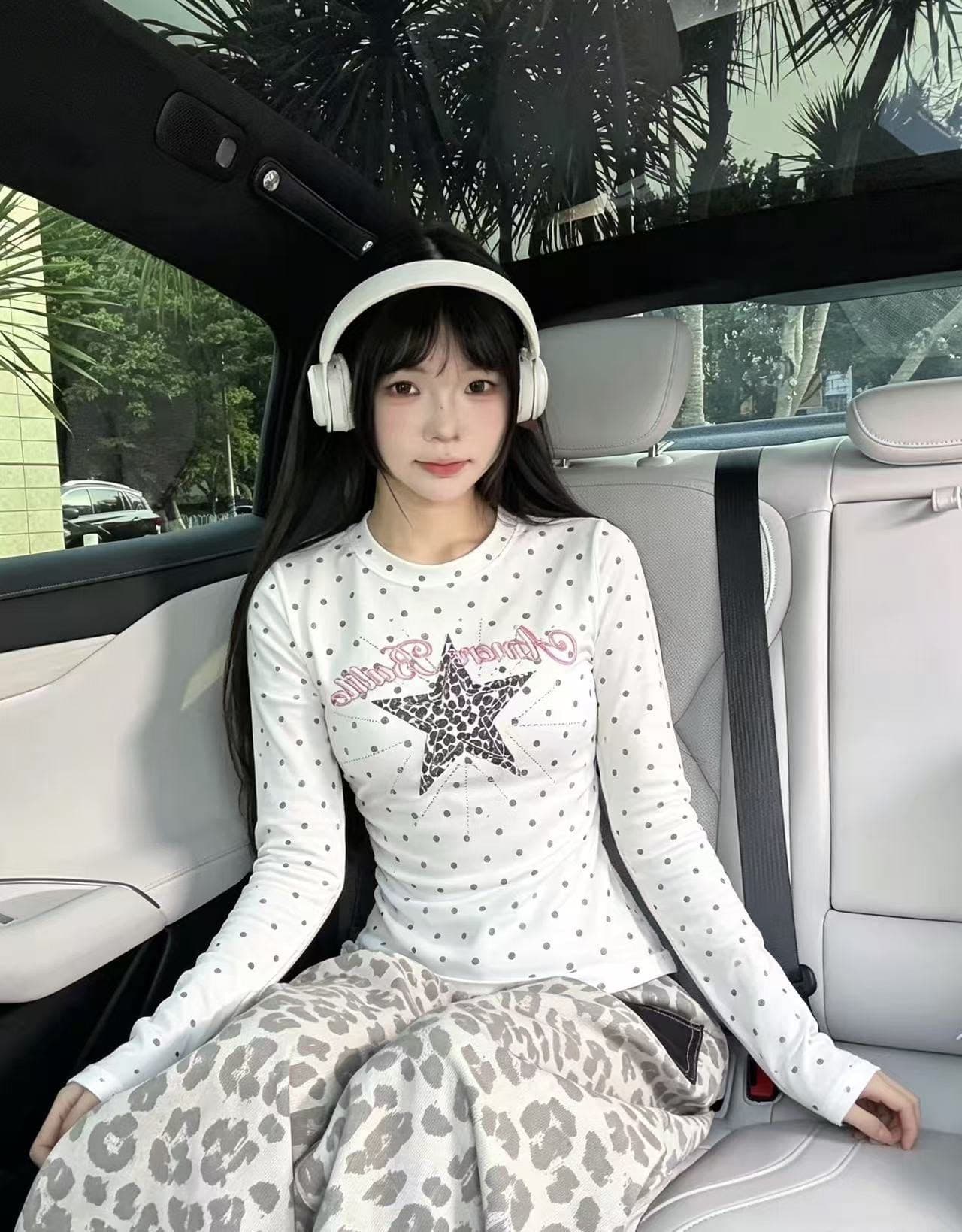 220 그램 40 빗질하다 92 면 이후 패키지 칼라 프린트 도트 무늬 긴팔 티셔츠 여성 몸매 가꾸기 라운드 넥 맨위 이미지 3