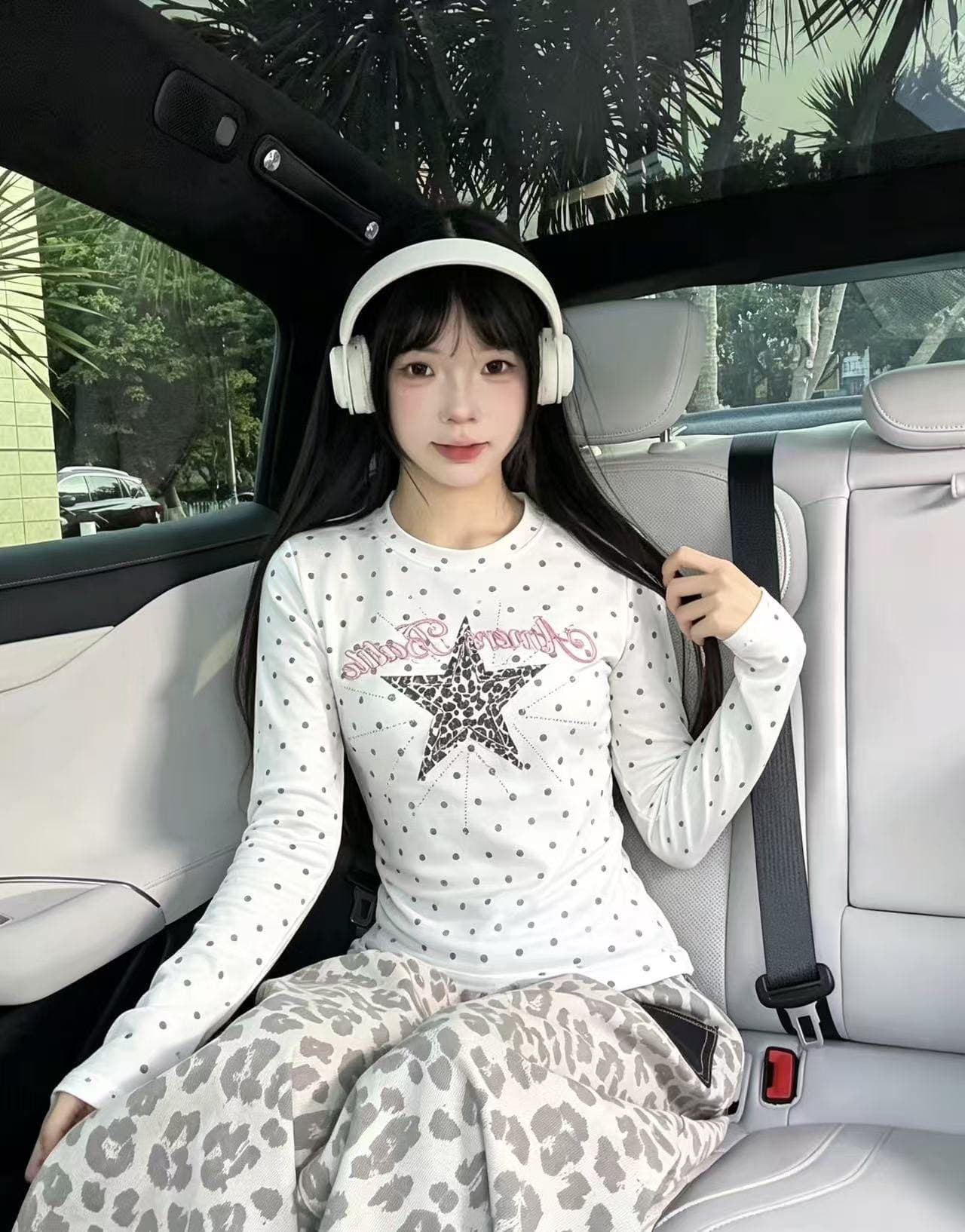 220 그램 40 빗질하다 92 면 이후 패키지 칼라 프린트 도트 무늬 긴팔 티셔츠 여성 몸매 가꾸기 라운드 넥 맨위 상세 이미지 1
