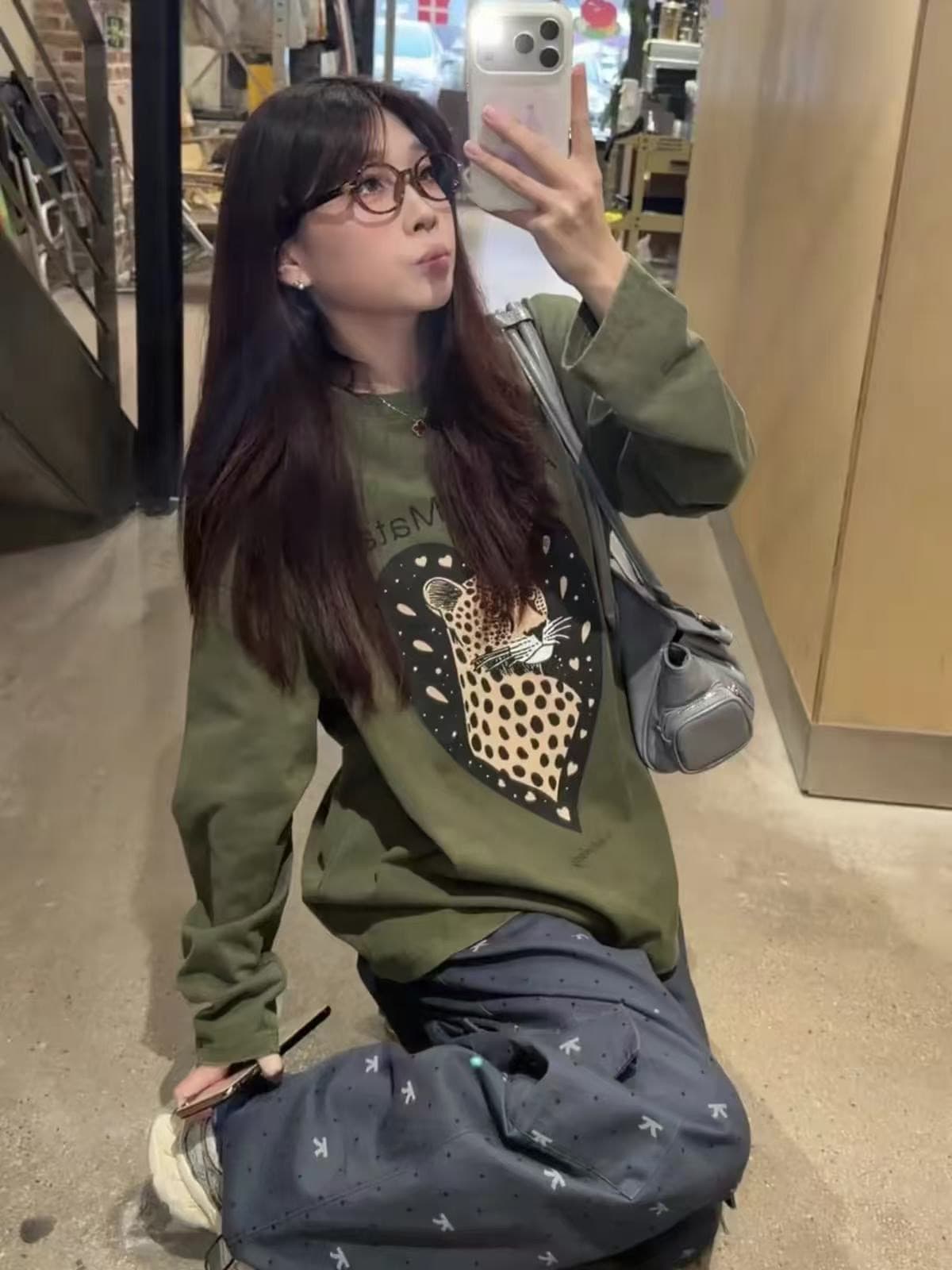 순면 230 아메리칸 레트로 프린트 루즈핏 긴팔 티셔츠 가을 새로운