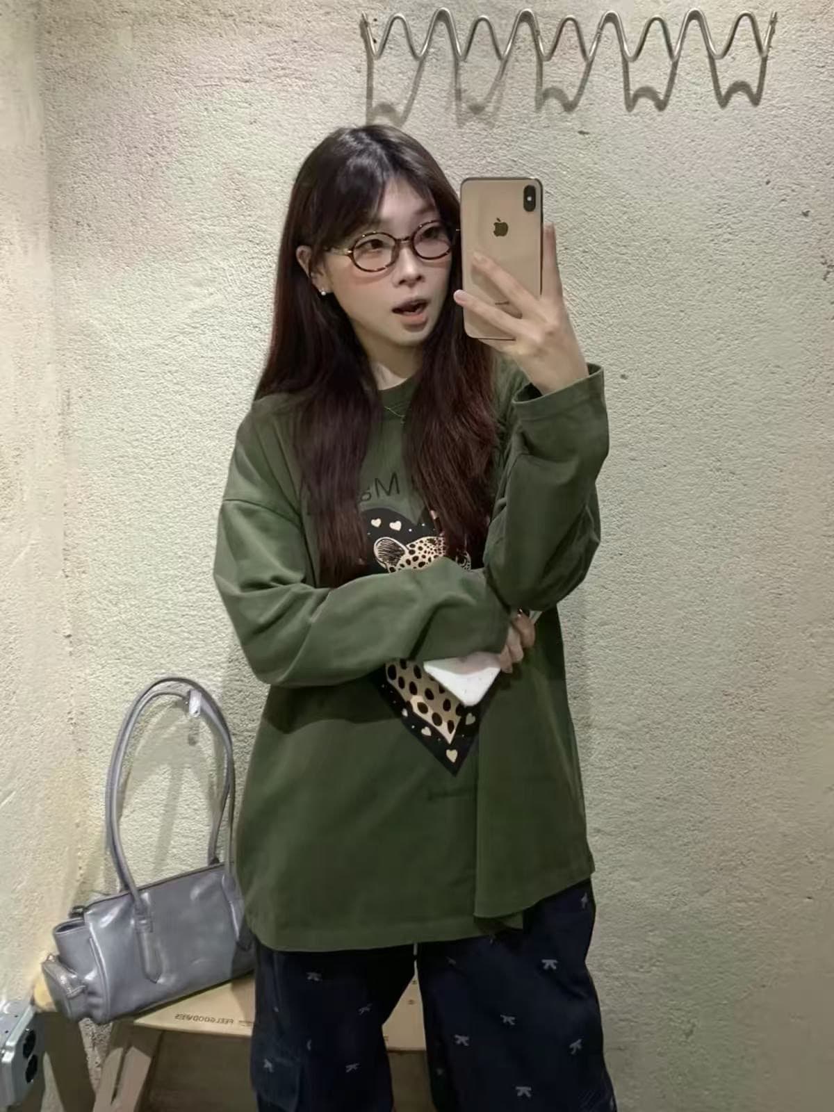 순면 230 아메리칸 레트로 프린트 루즈핏 긴팔 티셔츠 가을 새로운 상세 이미지 2