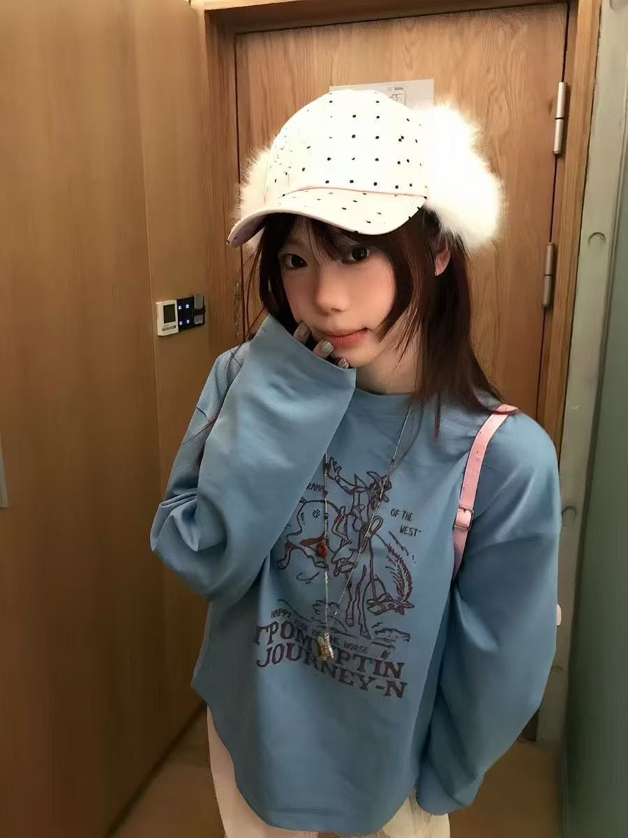 순면 230 아메리칸 레트로 긴팔 티셔츠 여성 루즈핏 캐주얼 프린트 다용도 맨위