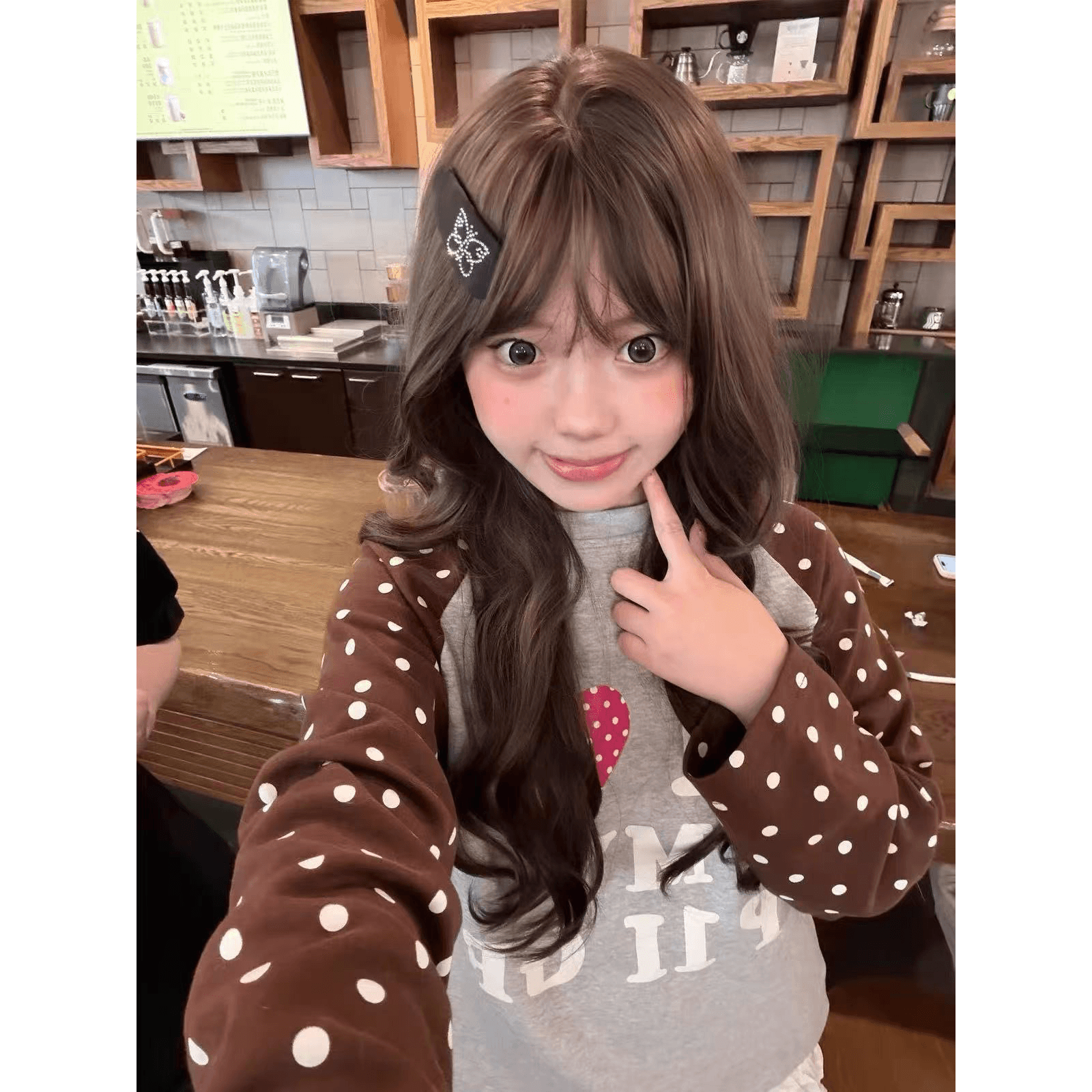 순면 레트로 패턴 도트 무늬 미학 배색 삽입 어깨 소매 길이 소매 티셔츠 여성 봄 가을 이미지 5