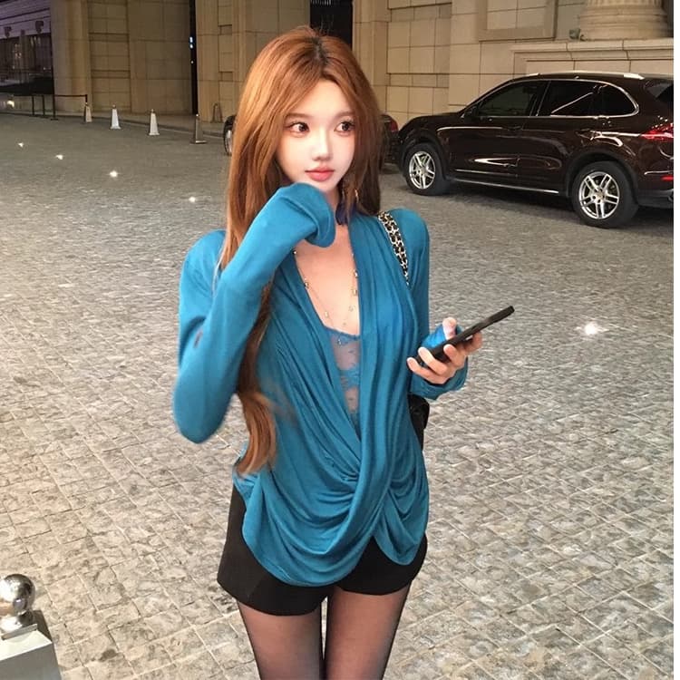 원본 원단 디자인 센스 십자가 흔들다 칼라 긴팔 티셔츠 품격 고급 센스 레이스 조각 다용도 맨위 이미지 2