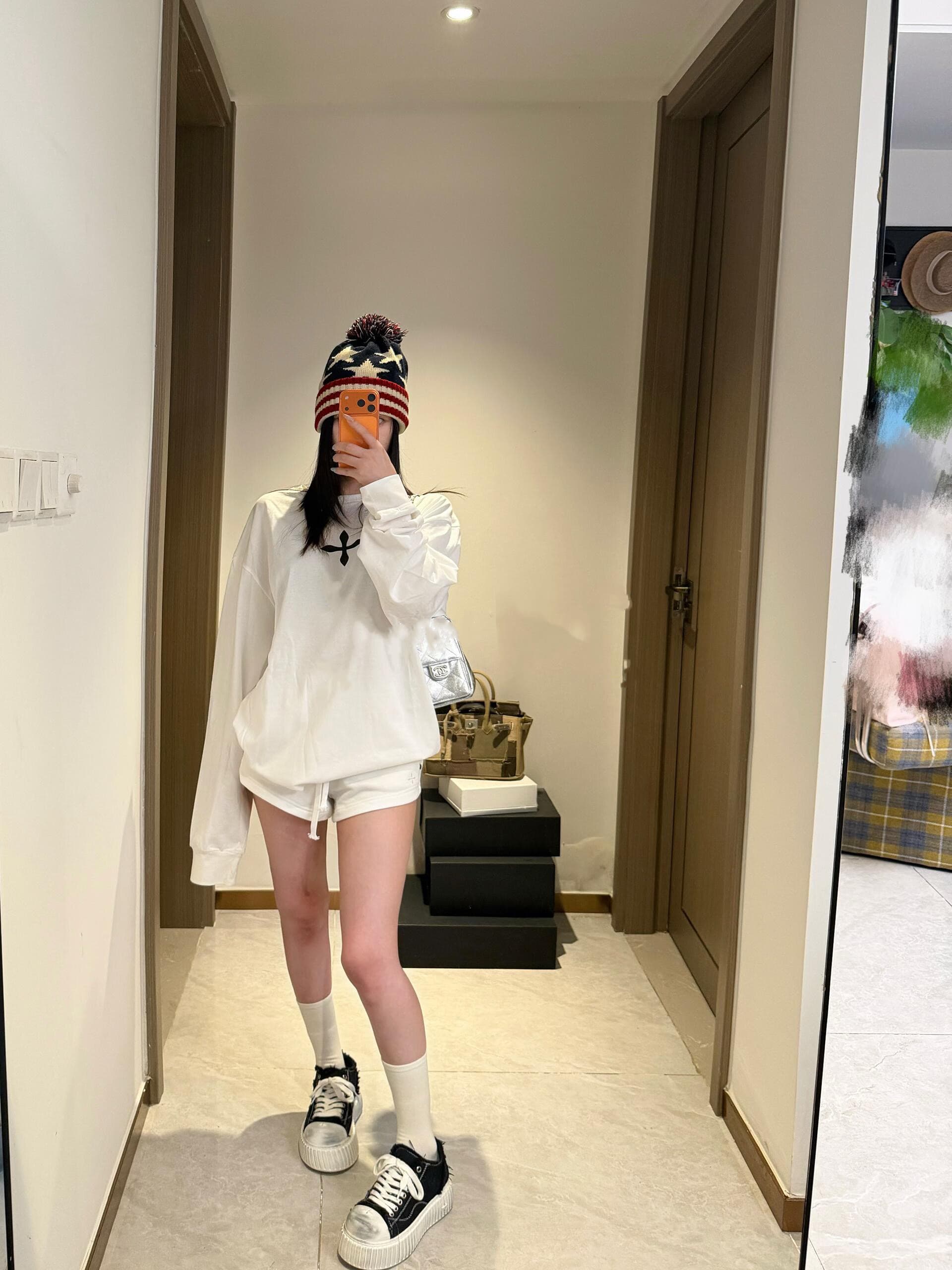 원본 것 순면 200그램 21 음식 털 느낌 프린트 루즈핏 만나는 손 소매 뭉치 구두 긴 소매 티셔츠 이미지 4