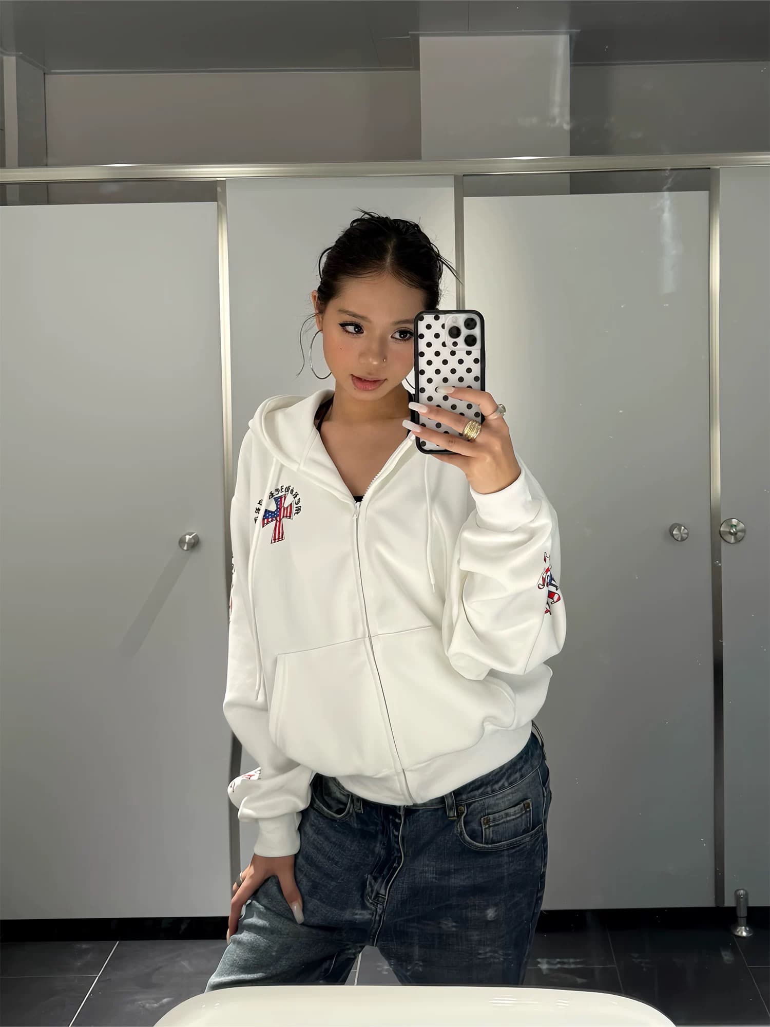 아메리칸 레트로 십자가 프린트 후드 지퍼 후드티 남녀 루즈핏 다용도 캐주얼 카디건 코트 이미지 4