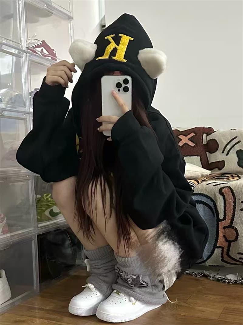 있음 선적 원본 압력 라인 플리스 귀 자수 순수한 Mianhua 면 복합 후드 티 스웨터 상세 이미지 2