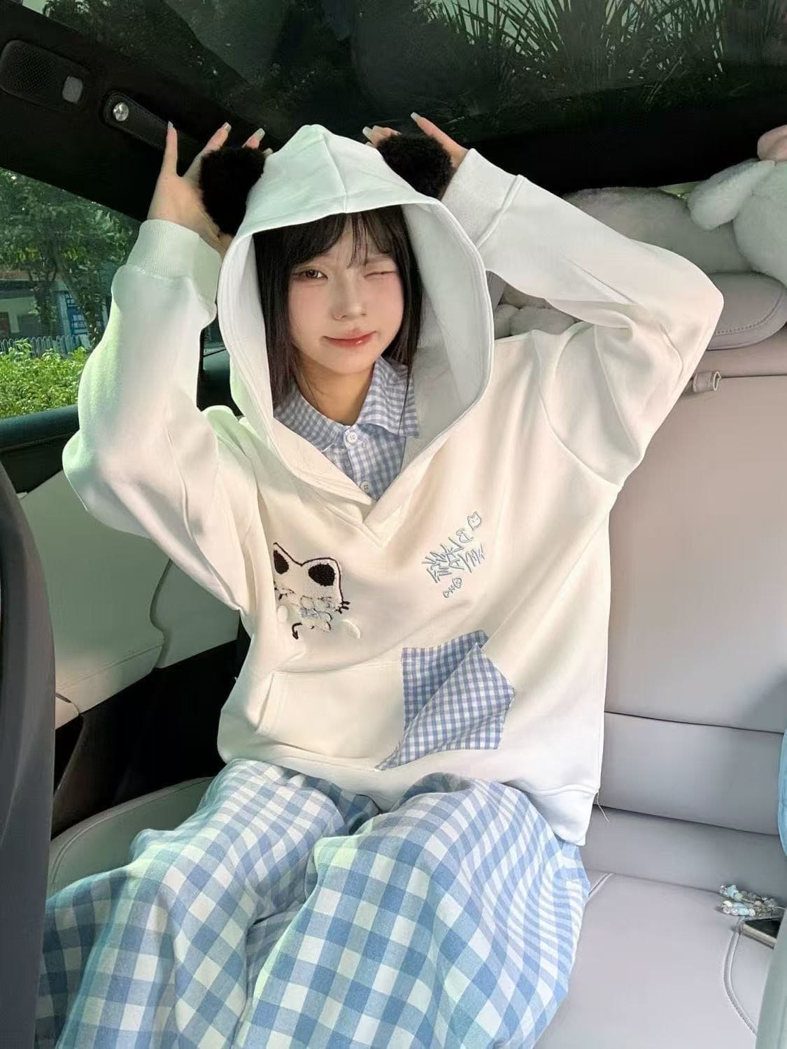 있음 선적 좋은 품질 원본 솜씨 광저우 체크 직물 자수 순수한 Mianhua 면 복합 후드 티 스웨터 상세 이미지 3